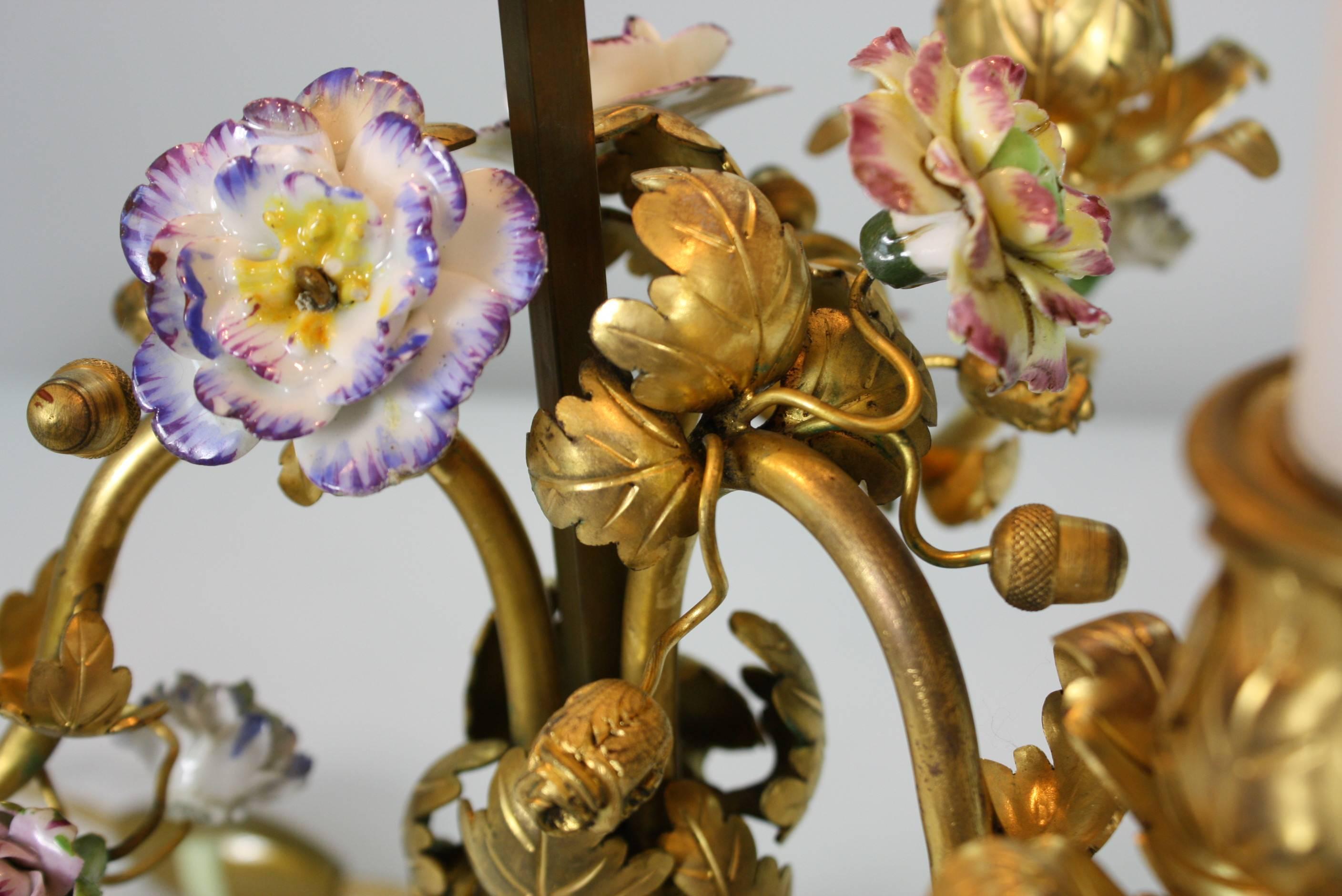 French Gilt-Bronze and Porcelain Flower Bouillotte Lamp 2