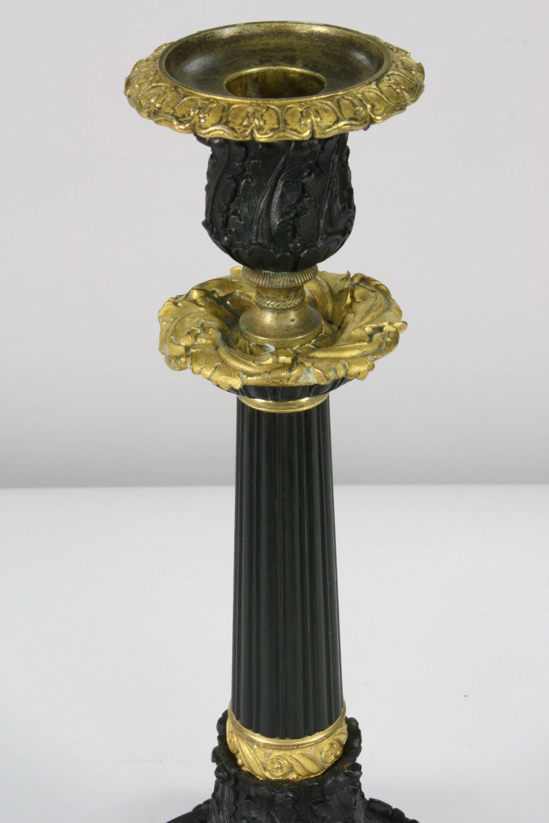 Pair of French Gilded and Patinated Bronze Candlesticks In Good Condition In Pembroke, MA