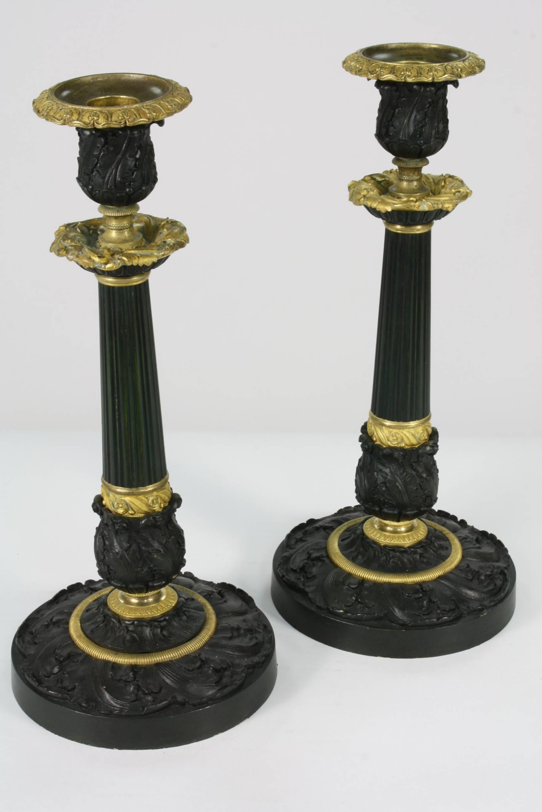 Restauration Pair of French Gilded and Patinated Bronze Candlesticks
