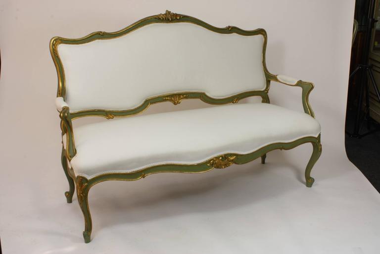 Carved Italian Rococo Style Settee Polychromed in Green and Gold For Sale