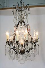 Large French Patinated Bronze and Crystal Chandelier