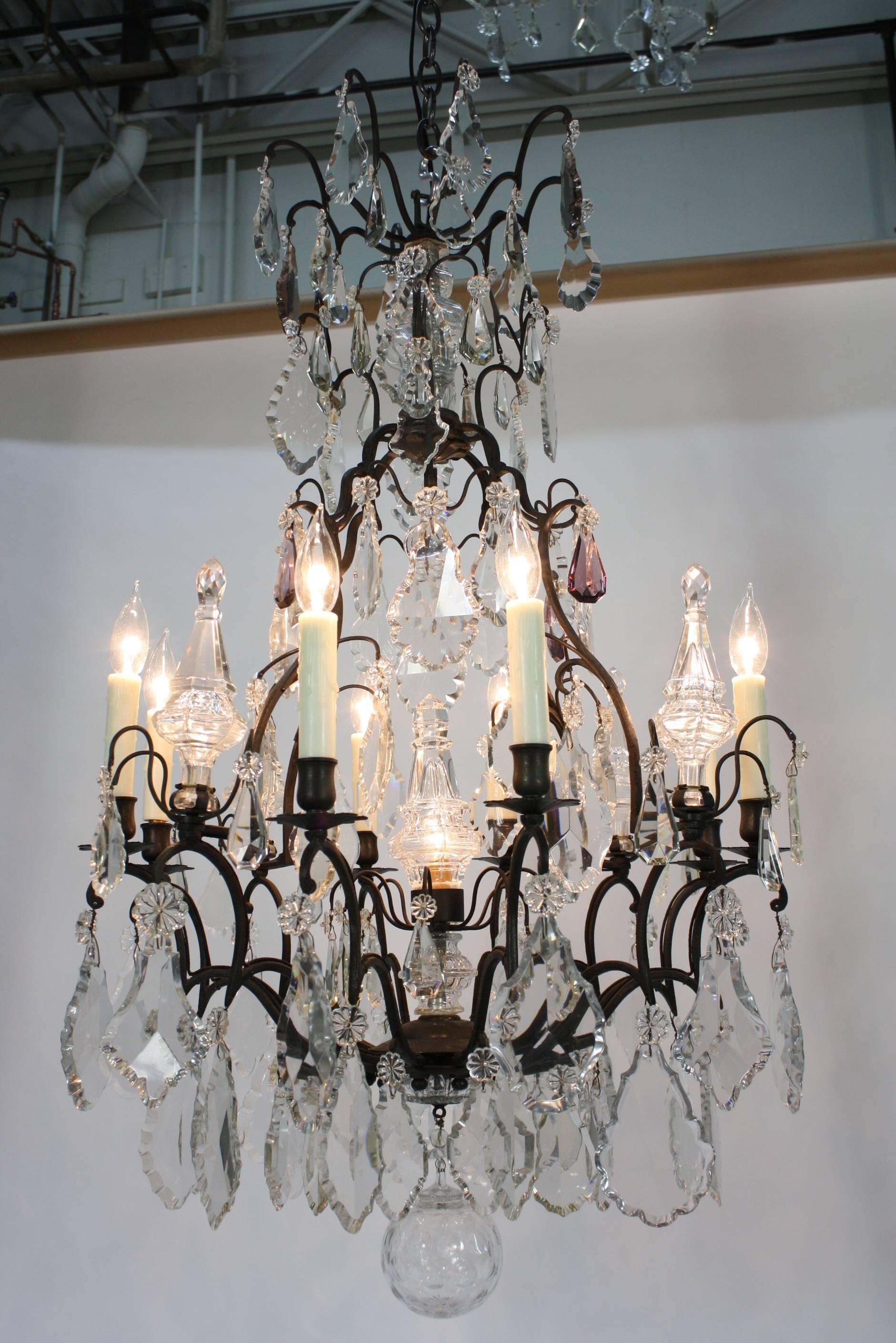Large French Patinated Bronze and Crystal Chandelier 4