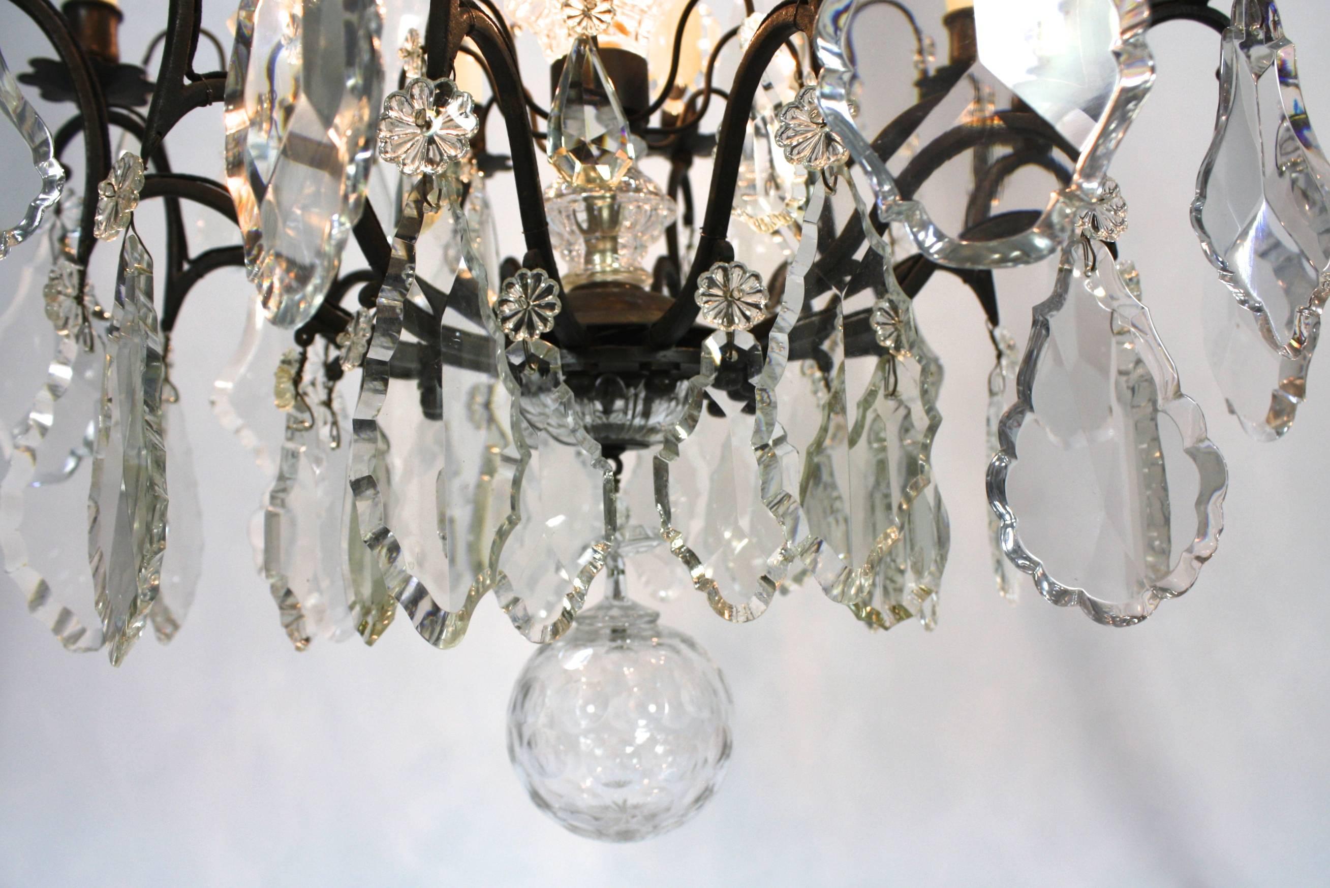 Large French Patinated Bronze and Crystal Chandelier In Good Condition In Pembroke, MA