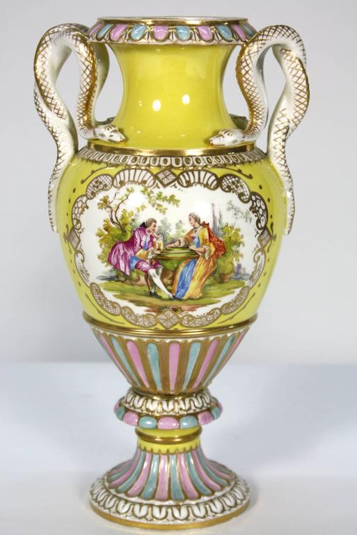 Hand-Painted Pair of Meissen Porcelain Vases with Snake Handles For Sale