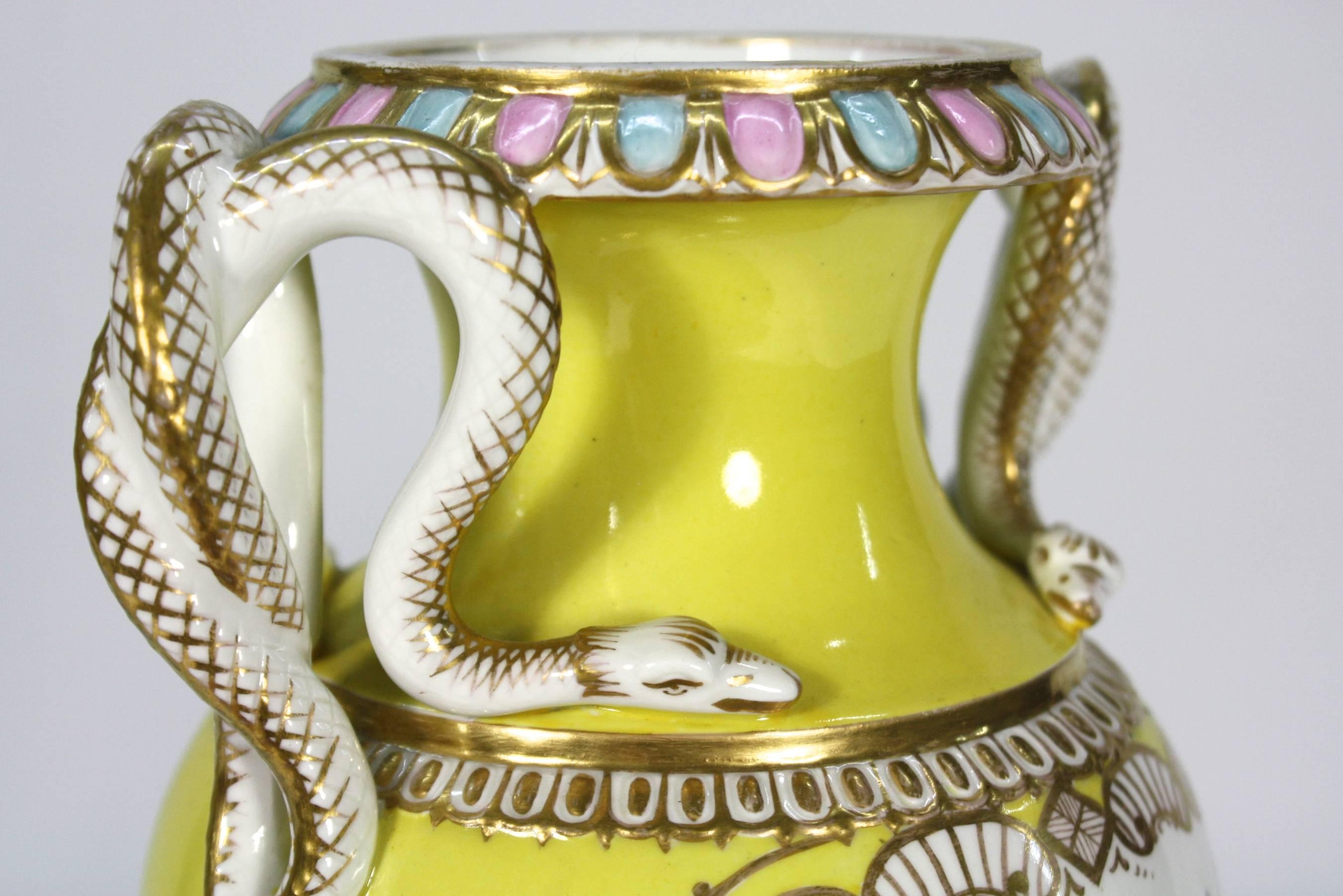 Pair of Meissen Porcelain Vases with Snake Handles In Good Condition For Sale In Pembroke, MA
