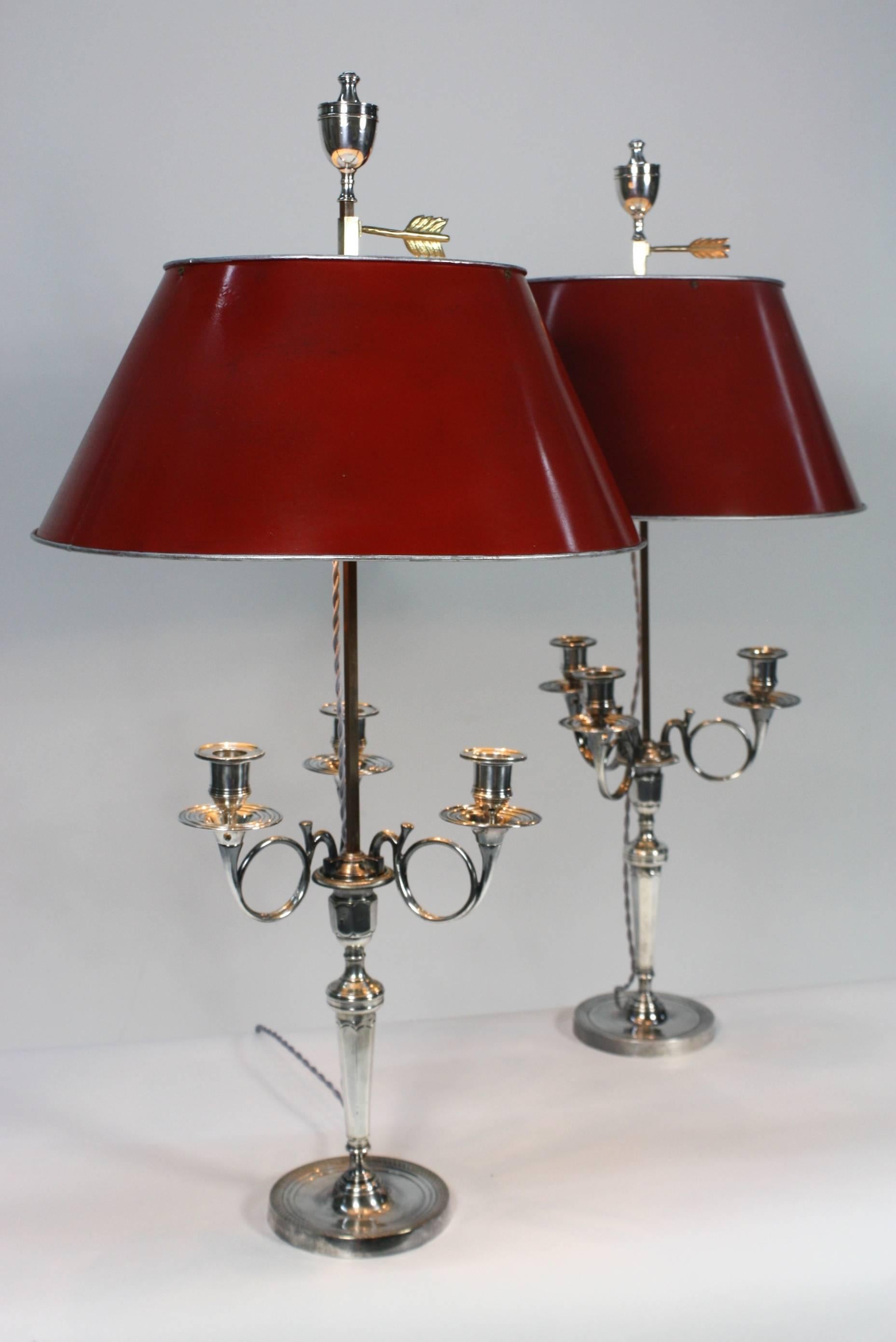 Louis XVI Pair of Silvered-Bronze Hunting Horn Candelabra Lamps For Sale