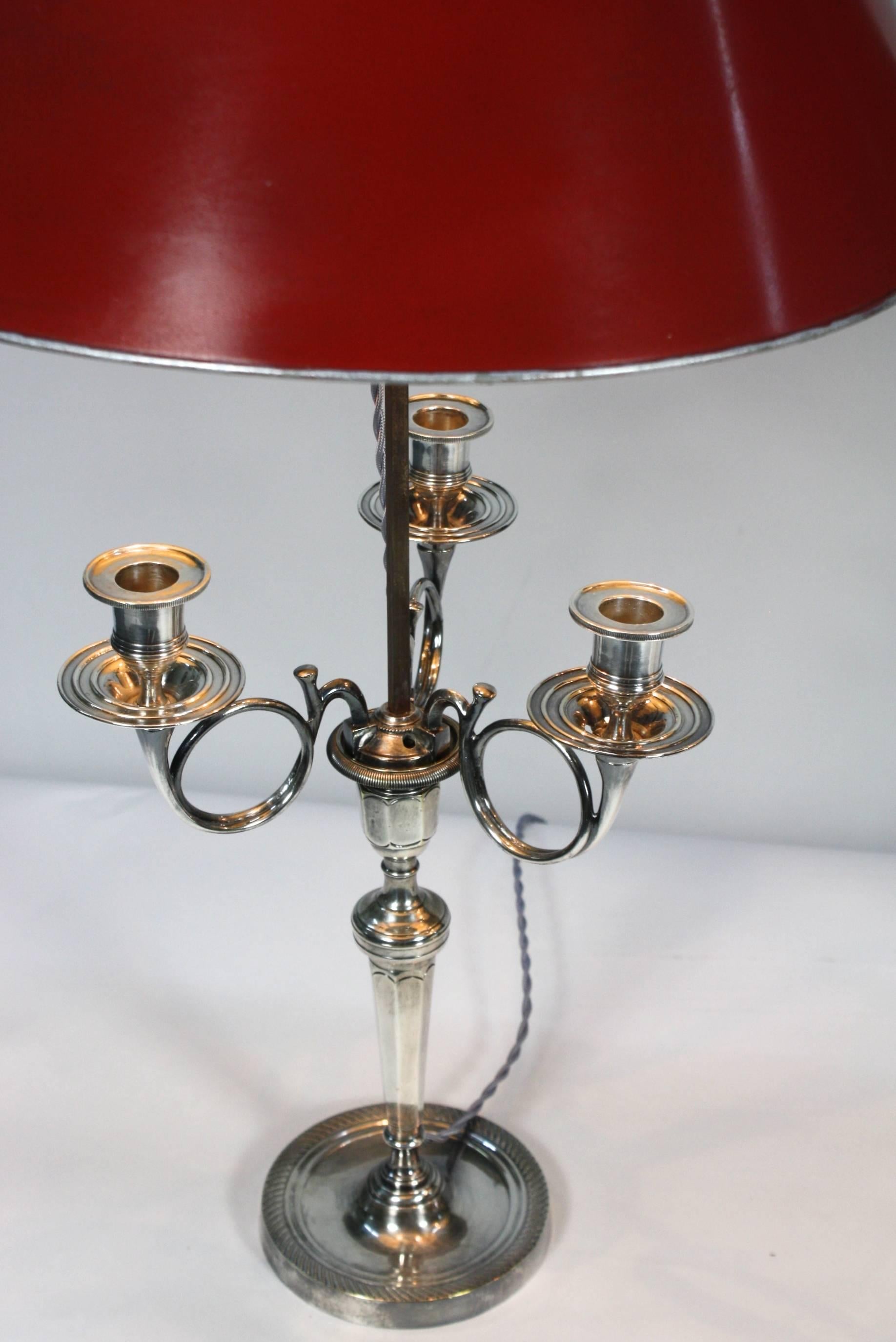 Painted Pair of Silvered-Bronze Hunting Horn Candelabra Lamps For Sale