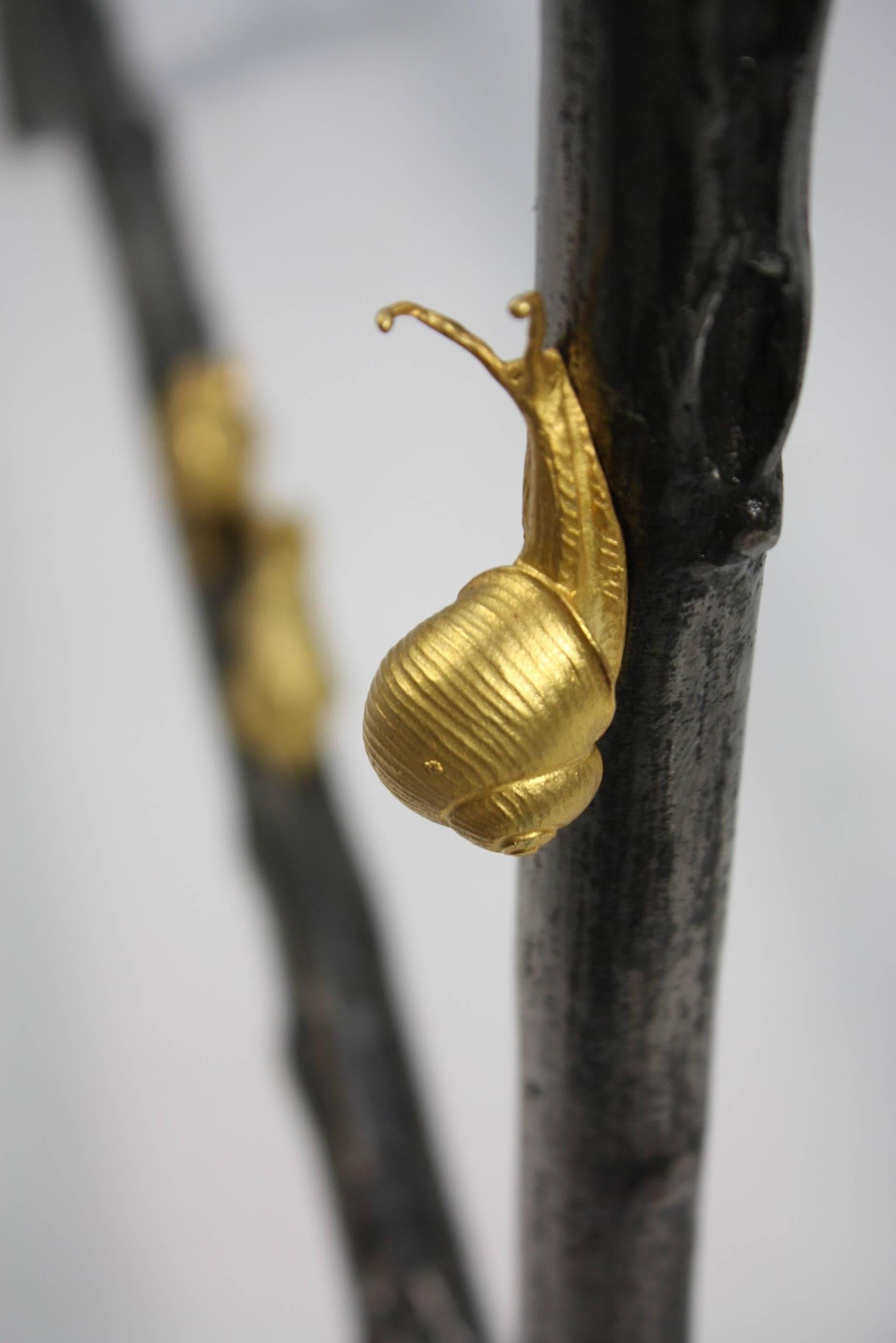 Faux Twig Console Table with Gilt-Bronze Snails and Rusticated Glass Top For Sale 1