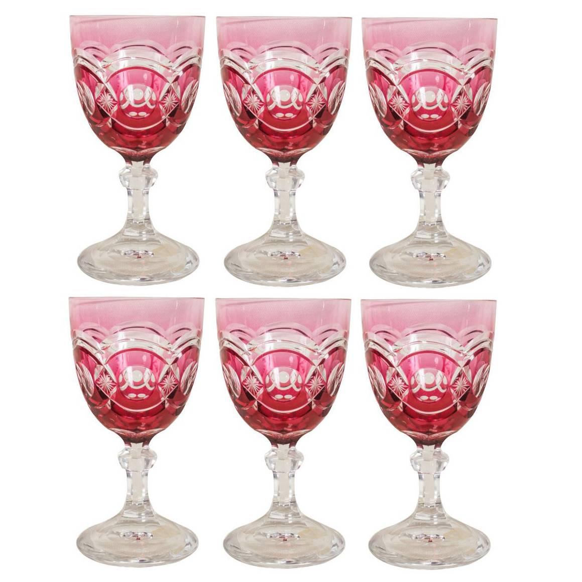 Cranberry Overlay Stemmed Wine Glasses/Goblets
