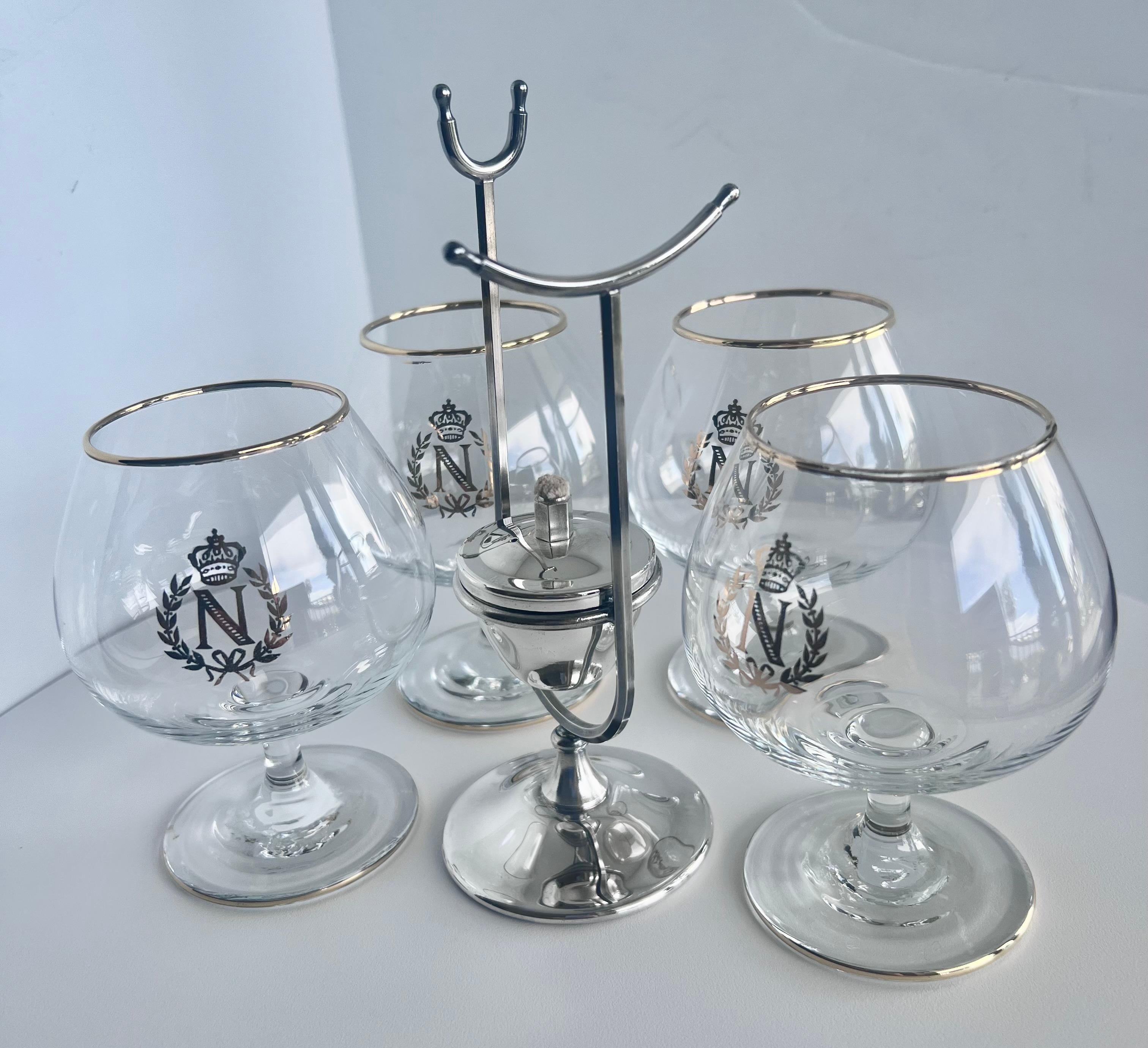 French Set of Four Napoleon Brandy/Cognac Snifters with Silver Plated Brandy Warmer For Sale