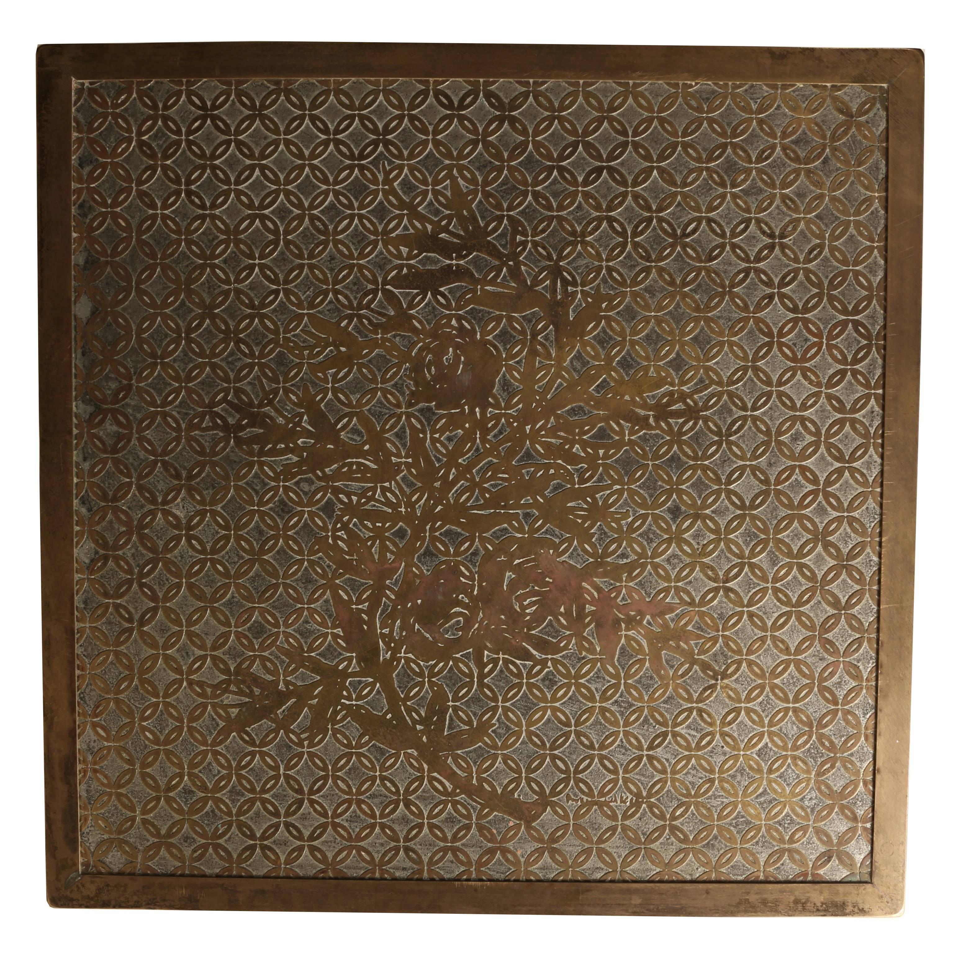 Philip LaVerne (1908-1988); Kelvin LaVerne (b. 1936) Kuan Su side table, New York, 1960s; Etched bronze and pewter inlaid floral motif. Top retains original finish with exceptional patina. Publication: The Art of Philip LaVerne (studio catalog), p.