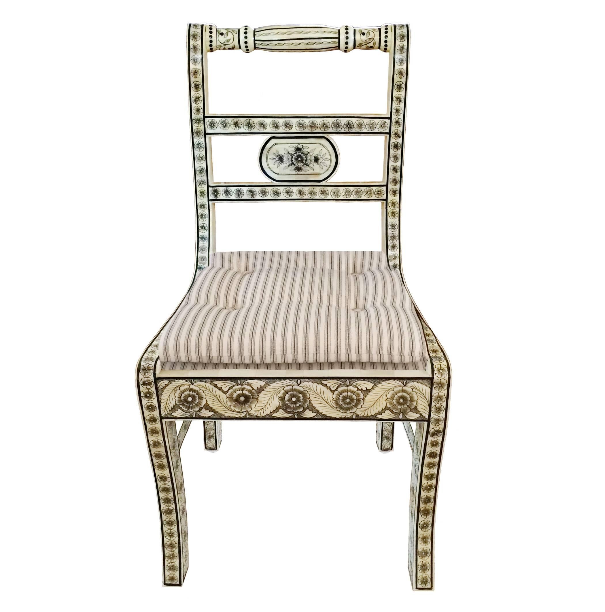 Anglo-Indian Regency style inlay chair with French ticking cushion; early 20th century.