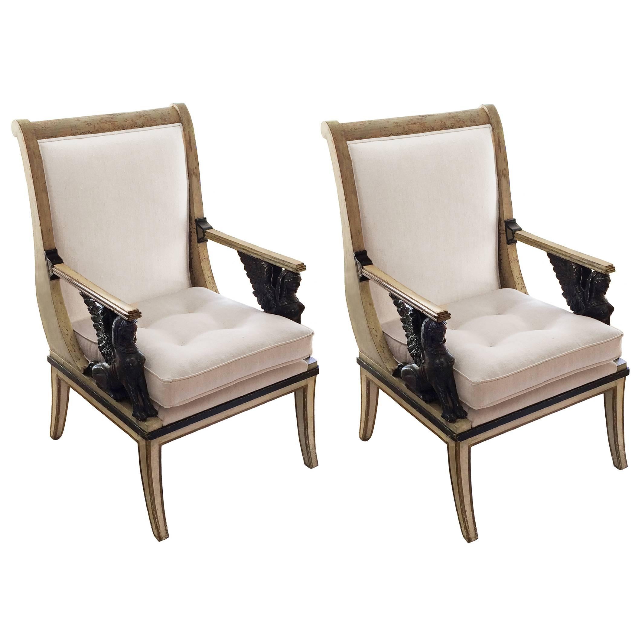 Linen Pair of Swedish Empire Chairs For Sale