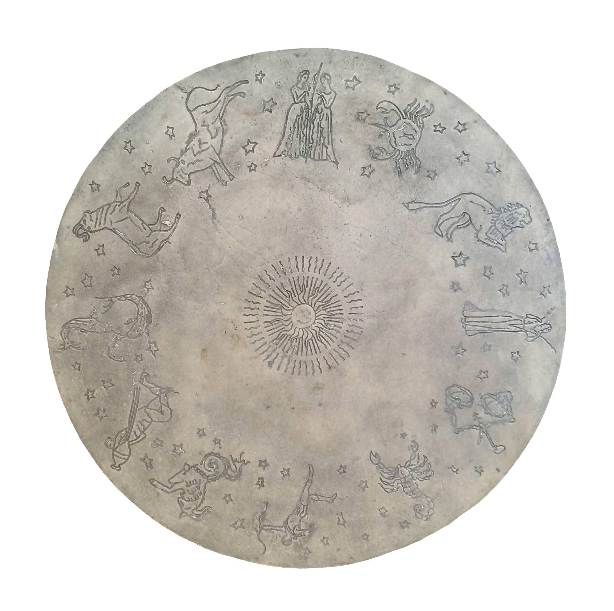 19th century French Zodiac Gueridon with scalloped border; aluminium and steel; the 12 zodiac symbols etched onto the table top creating a bit of whimsy.