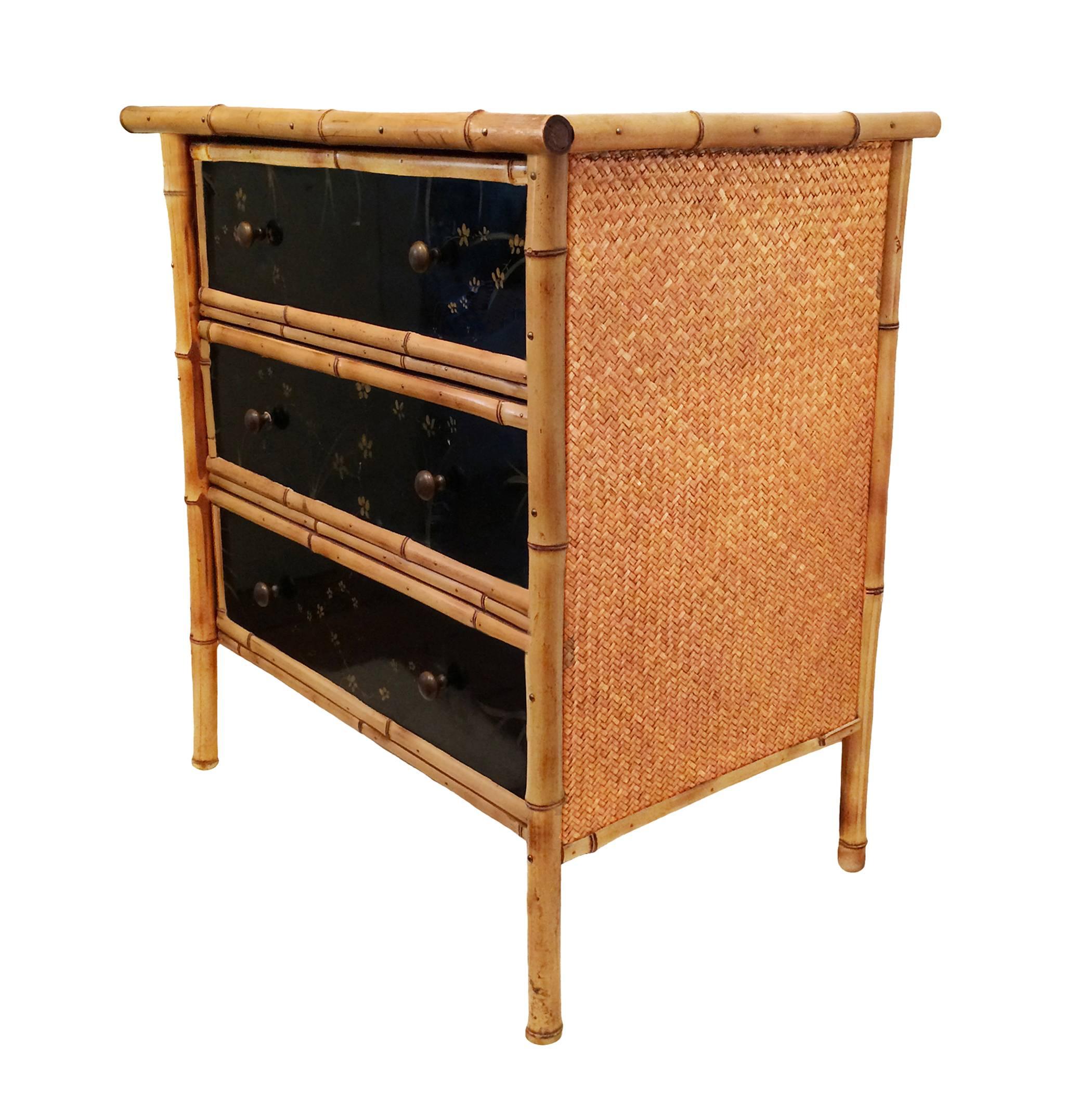 20th Century French Bamboo Chinoiserie Lacquer Chest For Sale