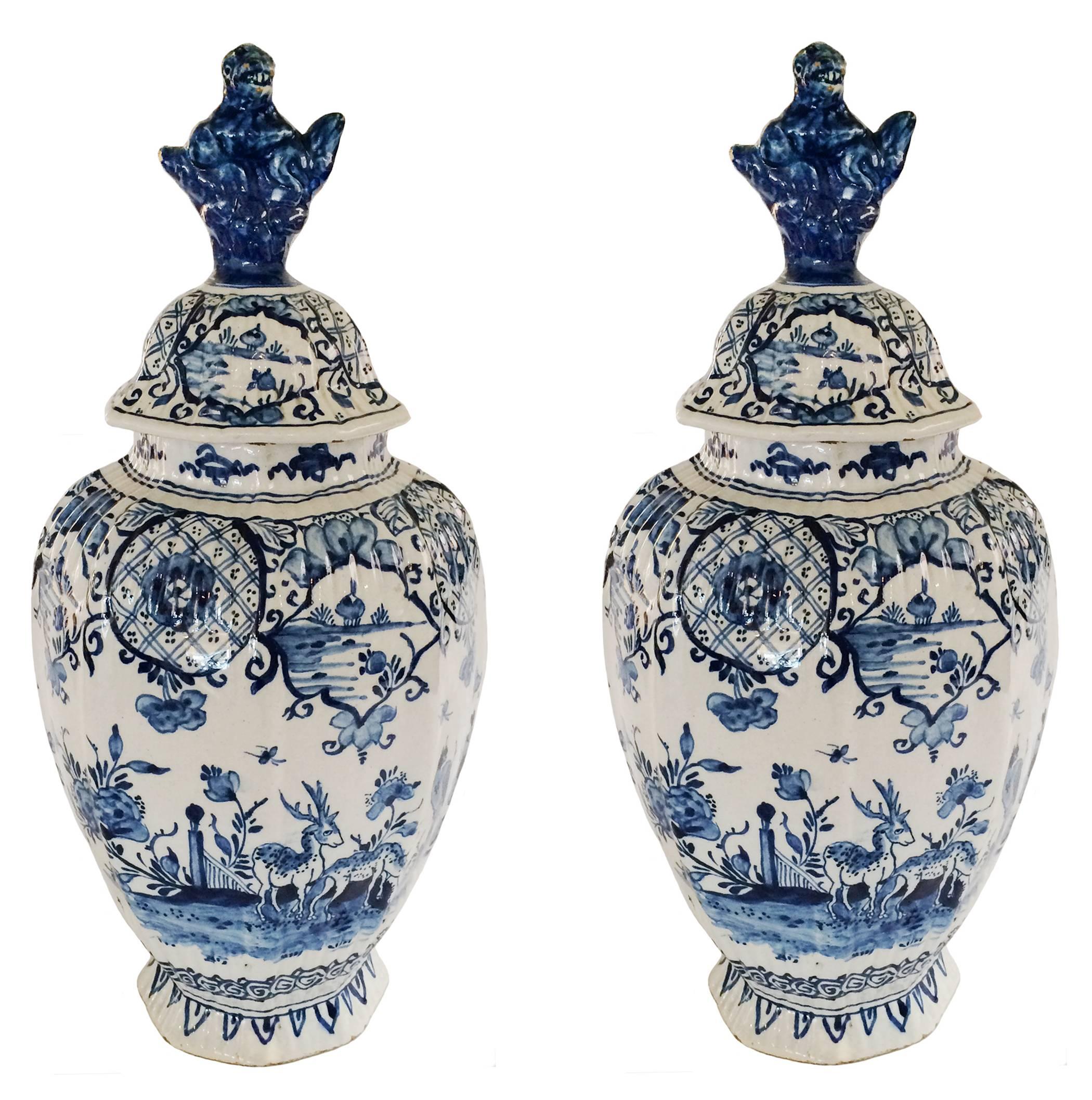 Dutch Pair of Blue and White Delft Covered Vases For Sale