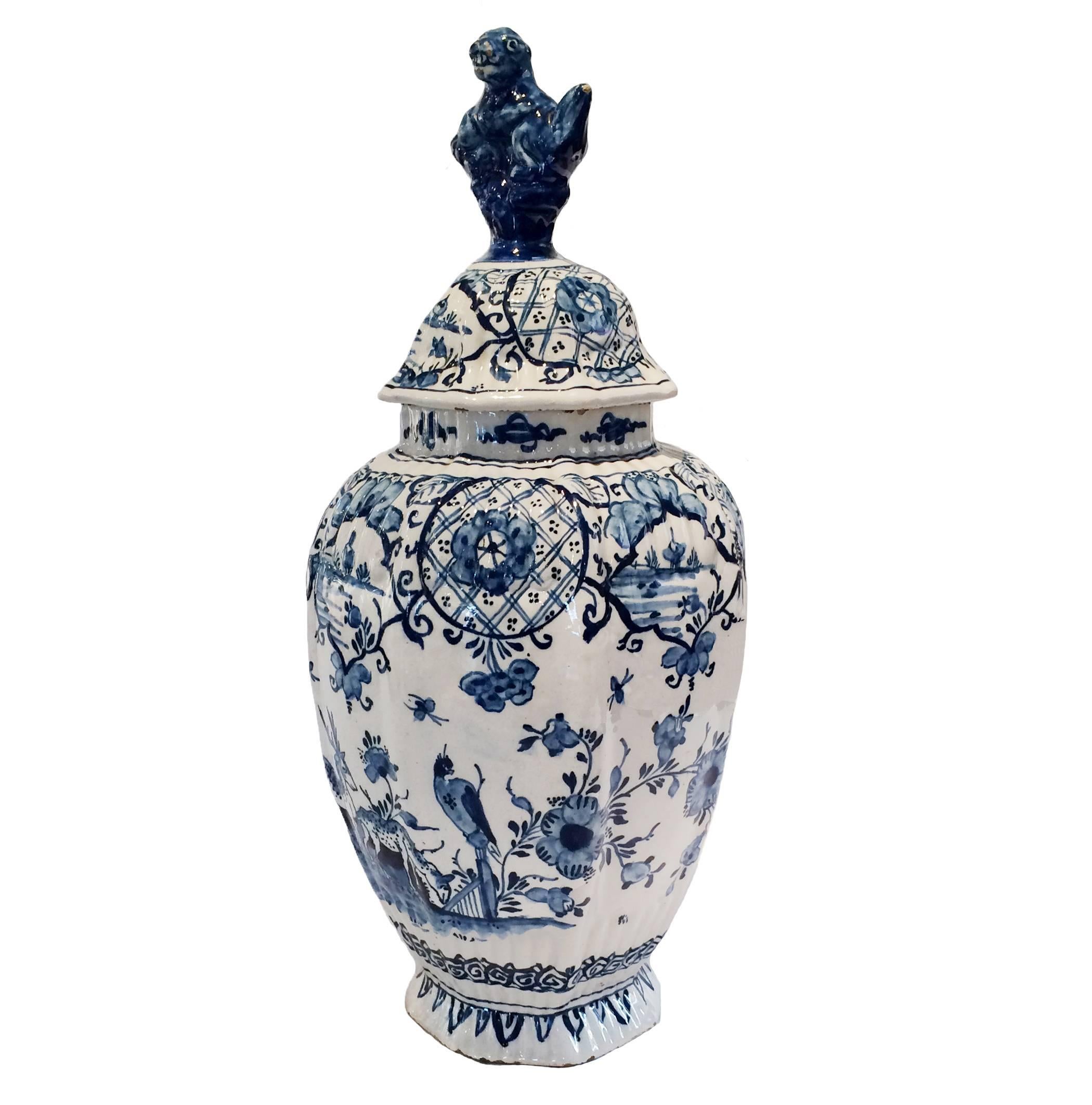 Pair of Blue and White Delft Covered Vases In Excellent Condition For Sale In Montecito, CA