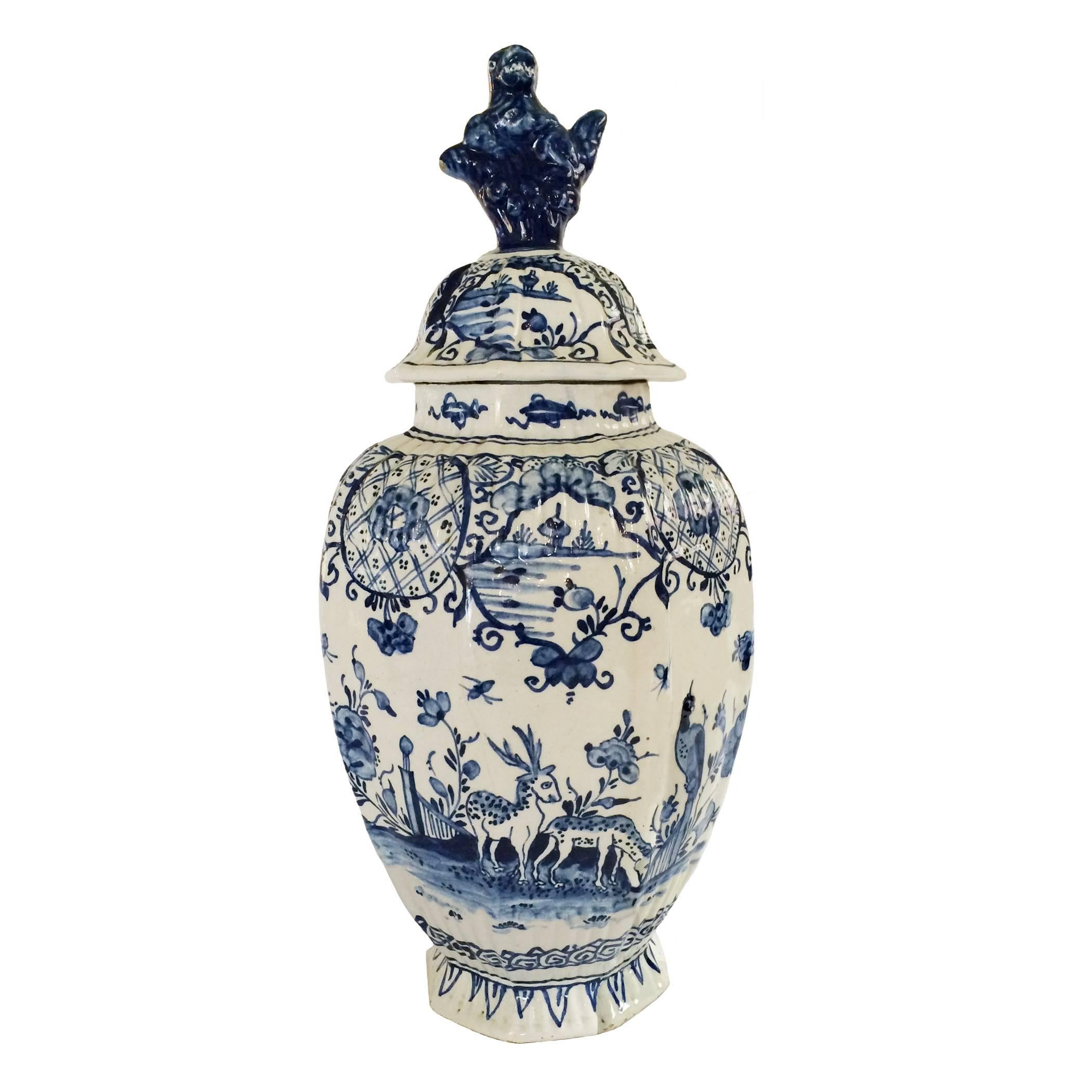 Faience Pair of Blue and White Delft Covered Vases For Sale