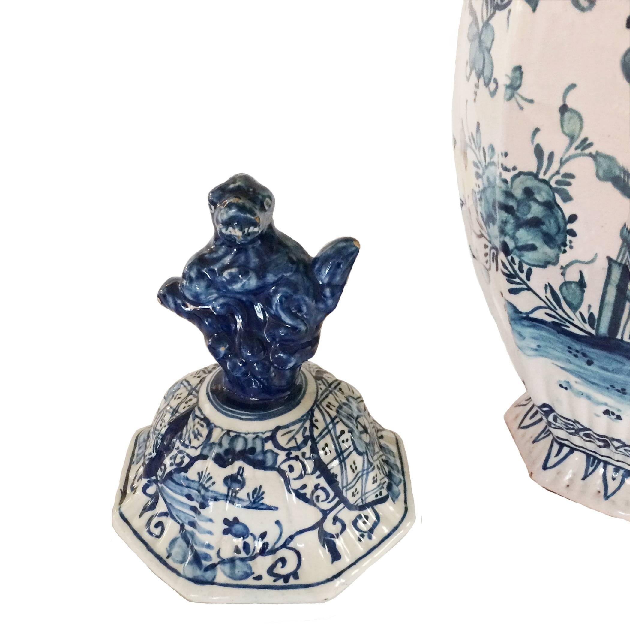 19th Century Pair of Blue and White Delft Covered Vases For Sale