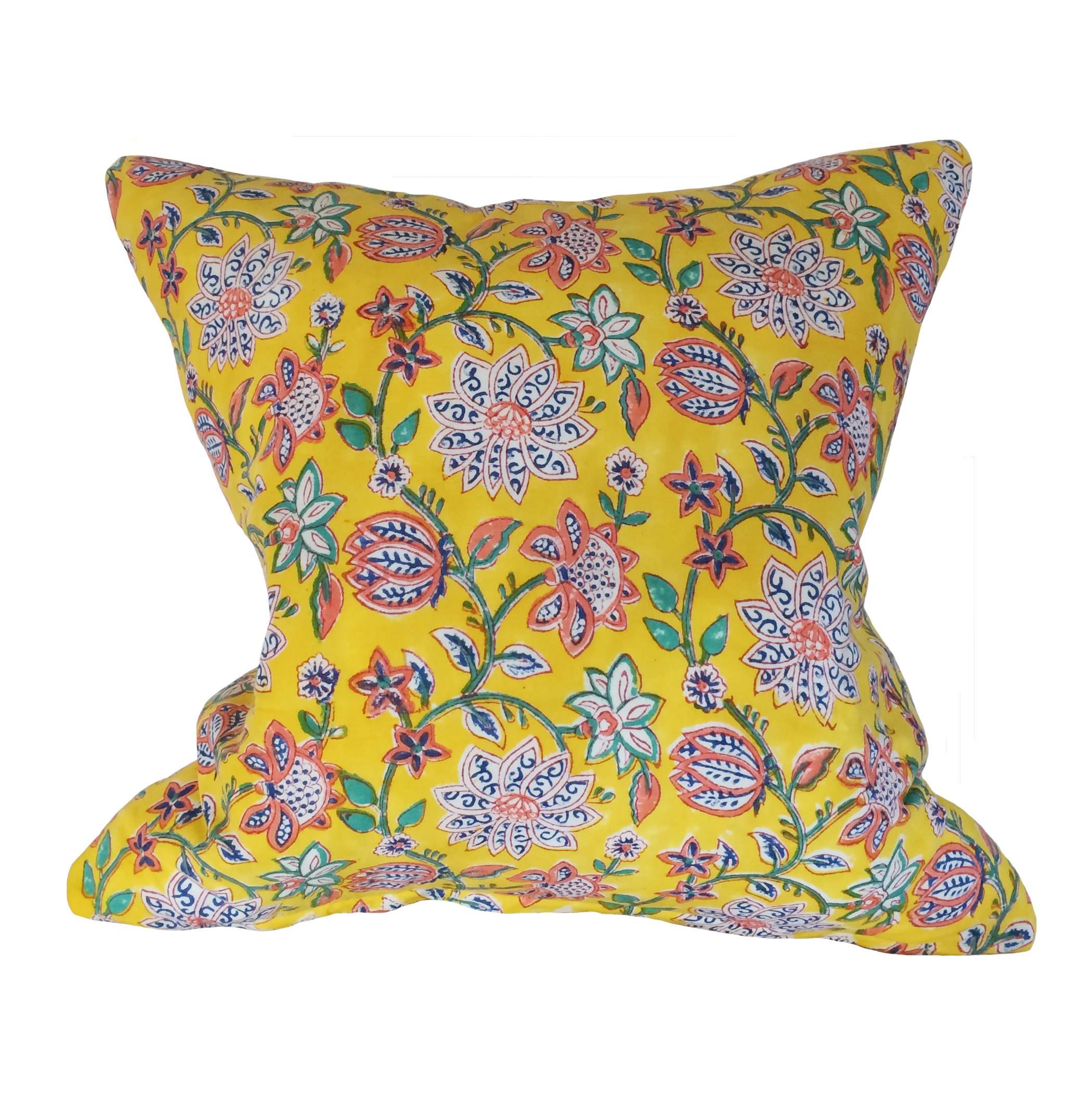 Pair of Indian Batik Floral Down Pillows In Excellent Condition In Montecito, CA