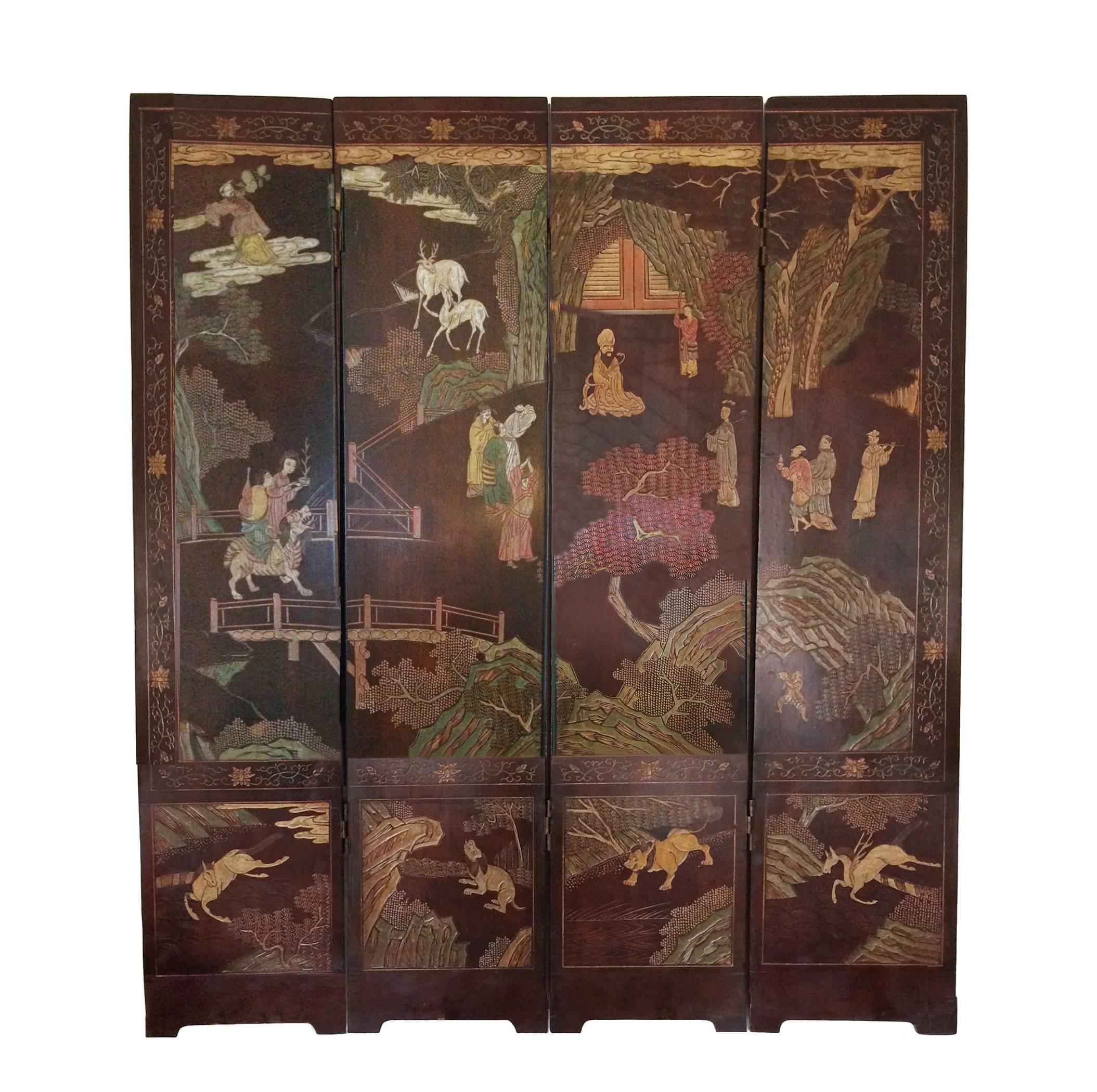Chinese four-panel double sided Coromandel screen; rich chocolate brown ground; figural landscape on one side with exotic birds, flowers, calligraphy and mountain scenery on the other side; Qing dynasty. Each panel is 11 inches wide.