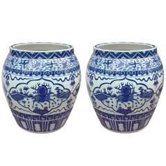Pair of Blue and White Chinese Jardinieres
