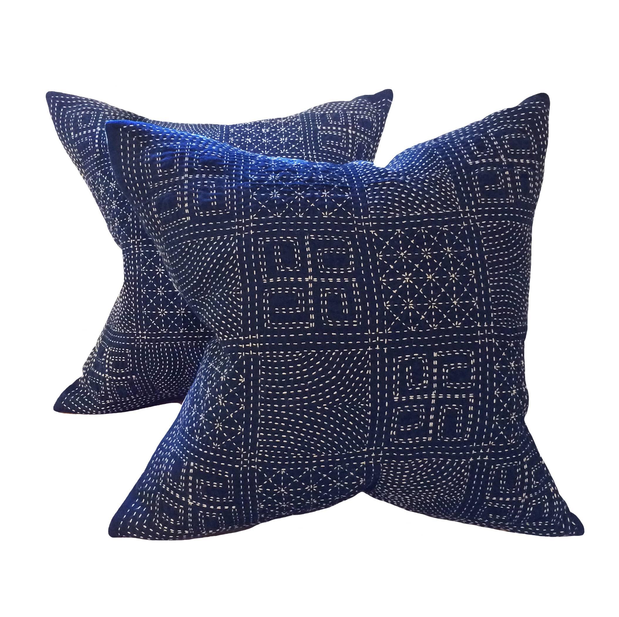 Pair of Japanese Indigo Embroidered Down Pillows In Excellent Condition For Sale In Montecito, CA