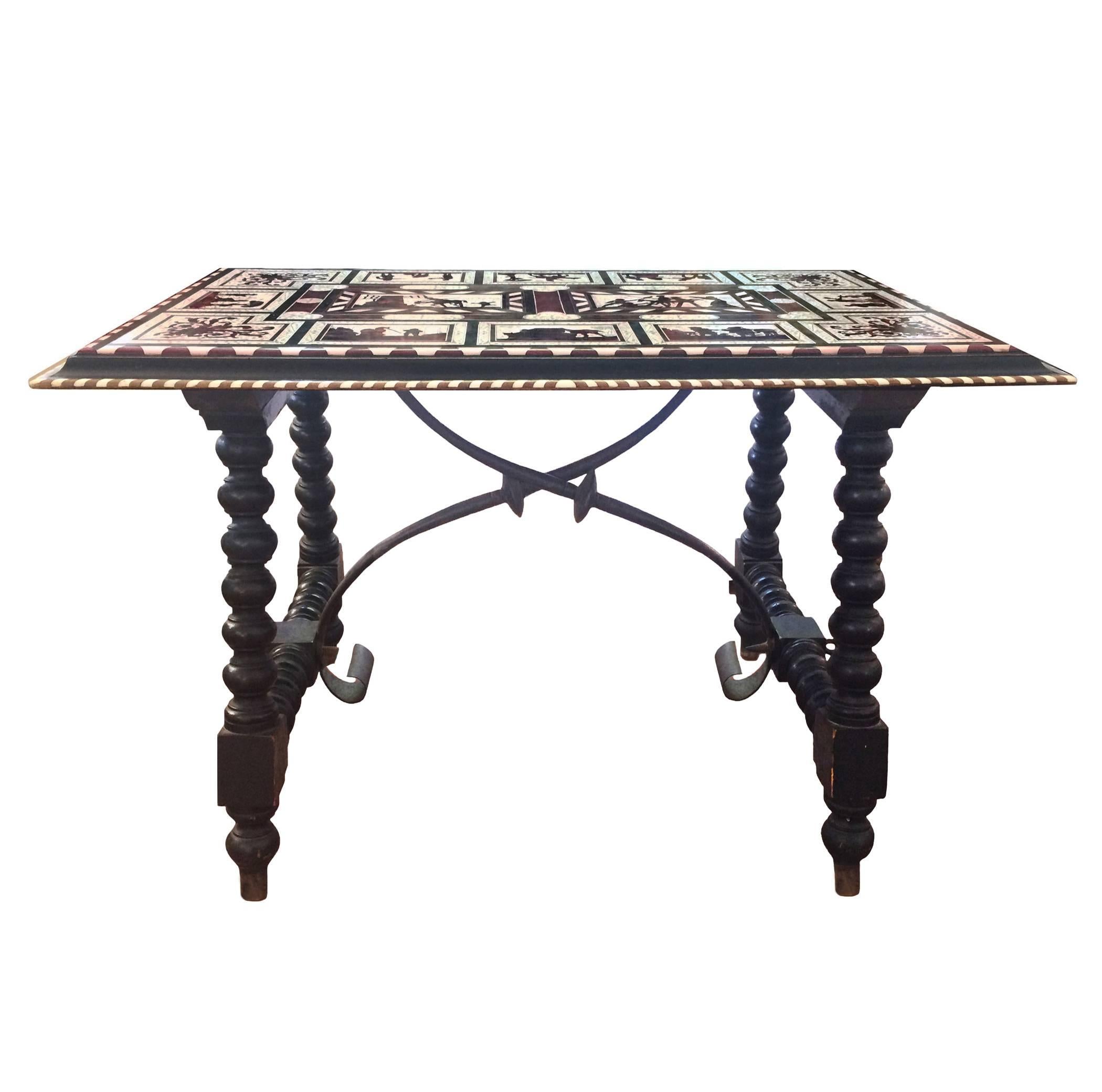 19th century Italian inlay burled walnut low table; Don Quiote inspired intricate insets with a series of borders; from a bone inlay geometric pattern leading to an ebonized layer and the last layer another geometric inlay pattern the ebonized base;