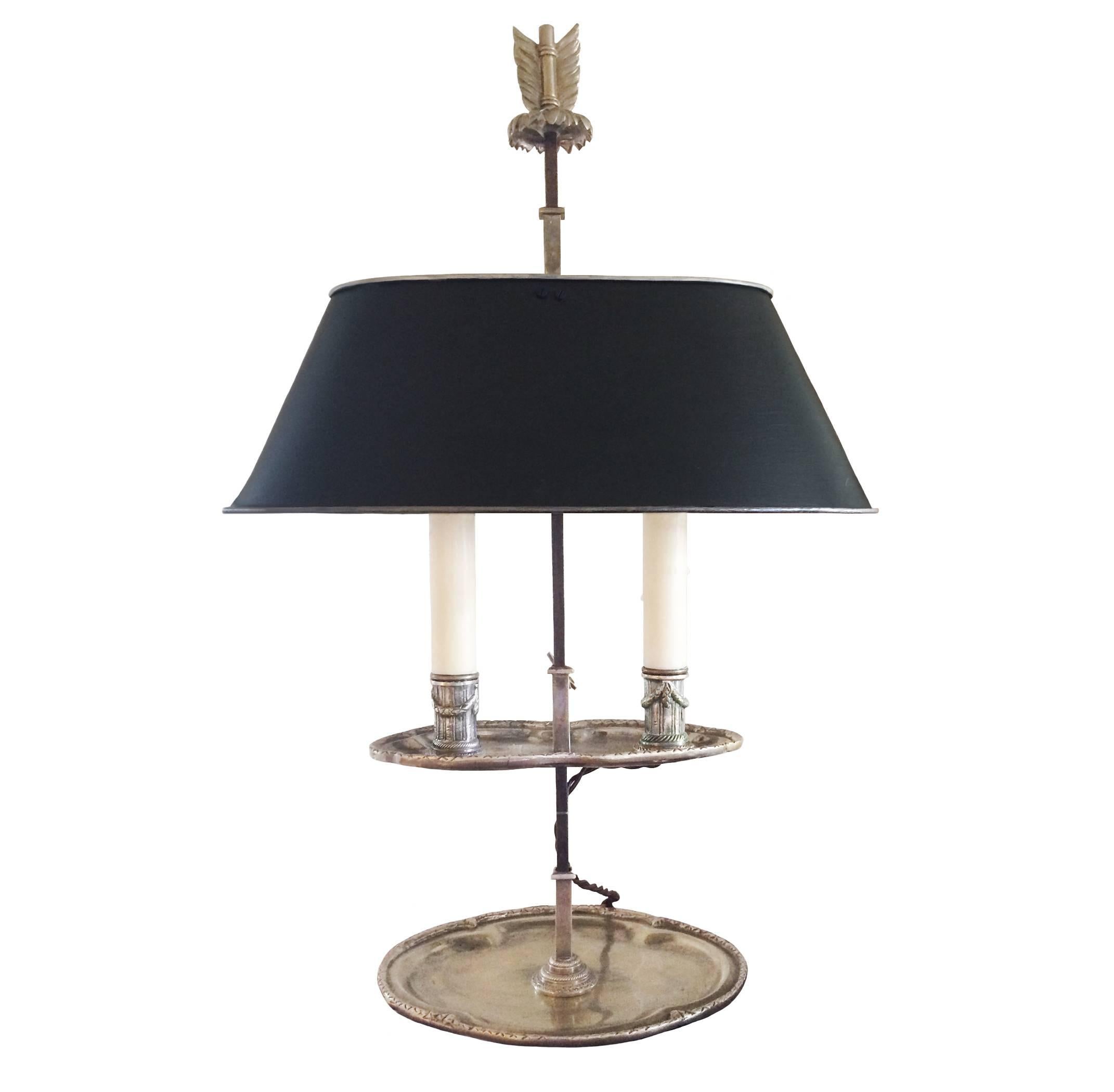 French LXVI style silver adjustable bouillote lamp with decorative finial; dark charcoal / green metal shade; circa 1890. Fabulous patina.