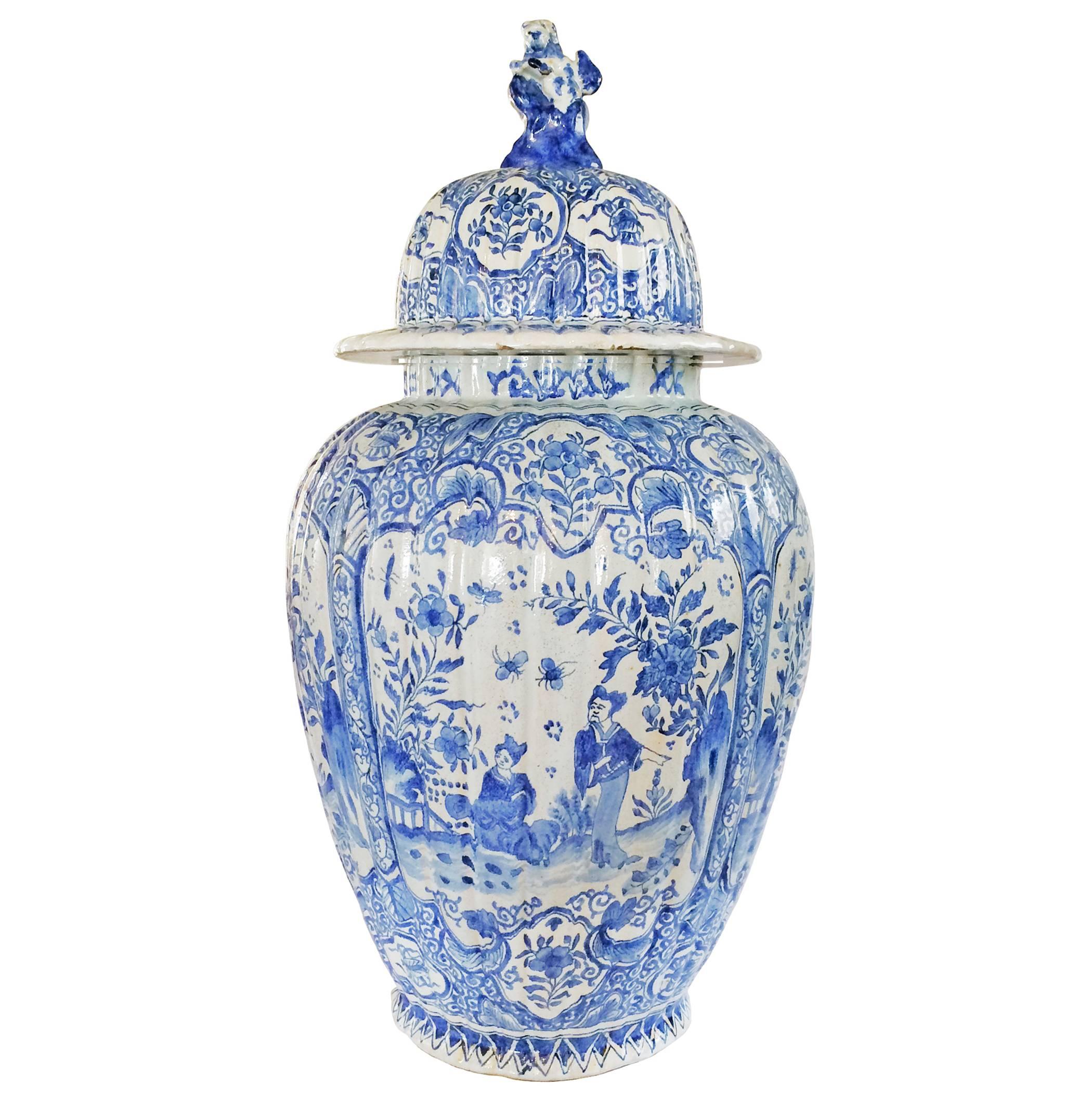 A rare and unusual pair of very large pale blue Delft lobed Baluster covered jars in the chinoiserie style, circa 1830.
 