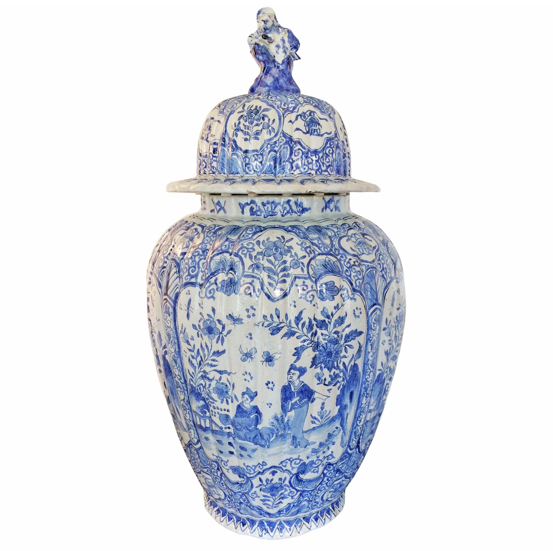 Pair of Pale Blue Delft Baluster Covered Jars For Sale 2
