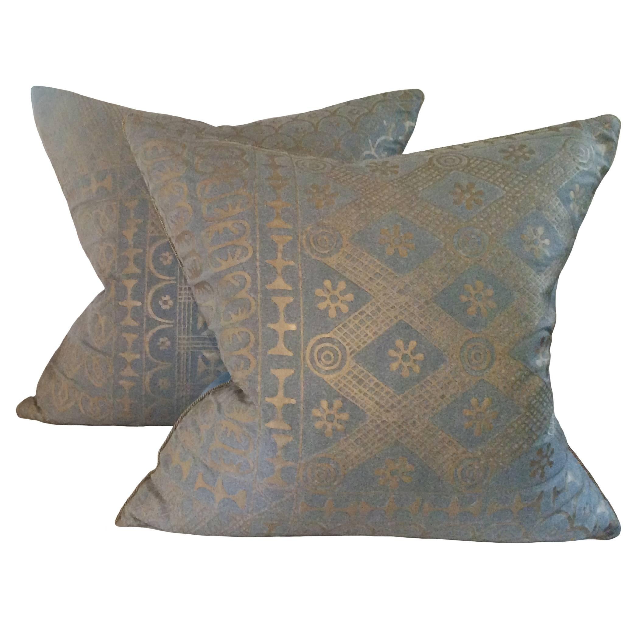 Pair of custom blue and silvery gold Ashanti Fortuny down pillows.
 