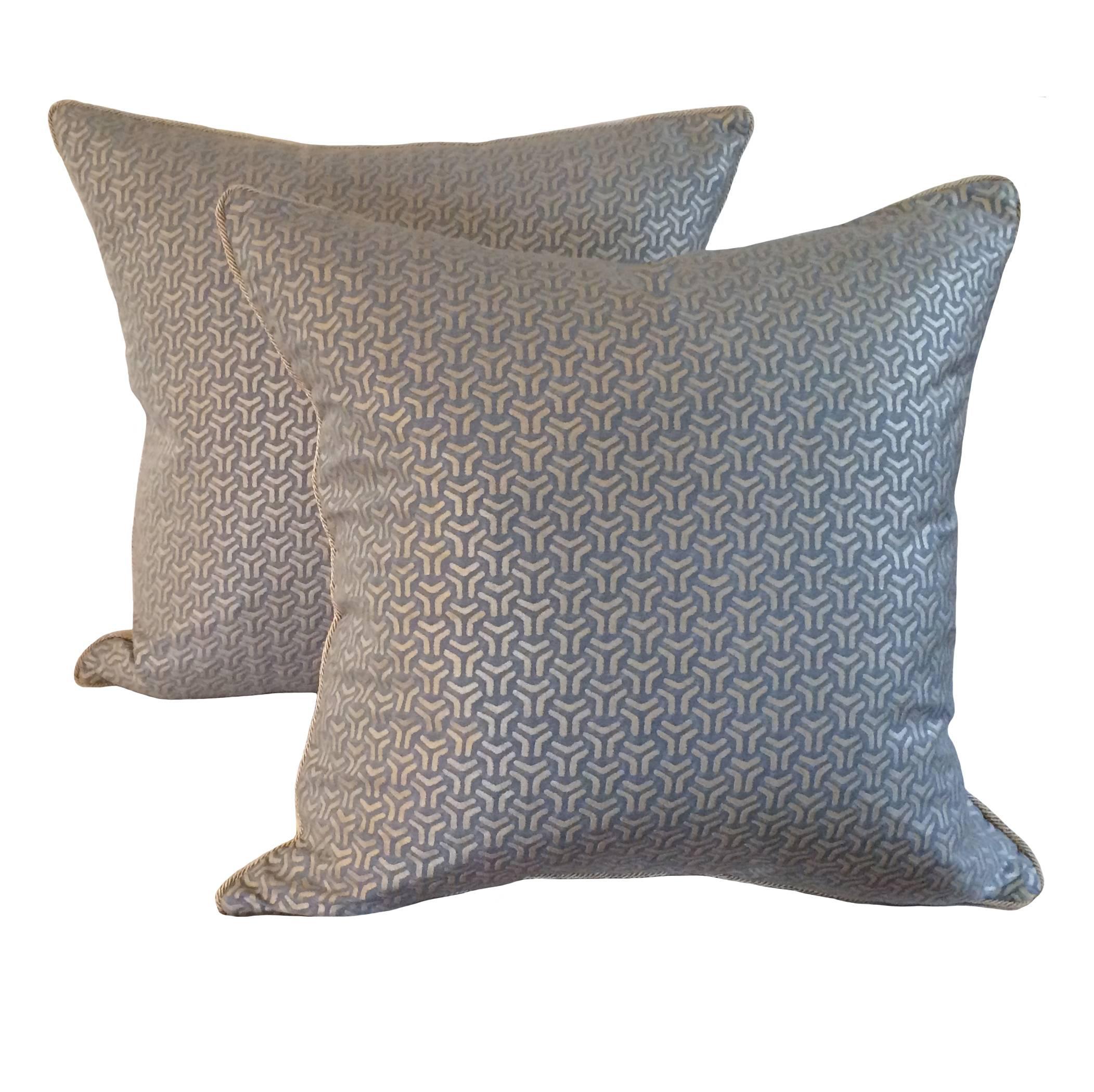 Pair of custom blue and silver Bivio Fortuny down pillows; Venice.
 