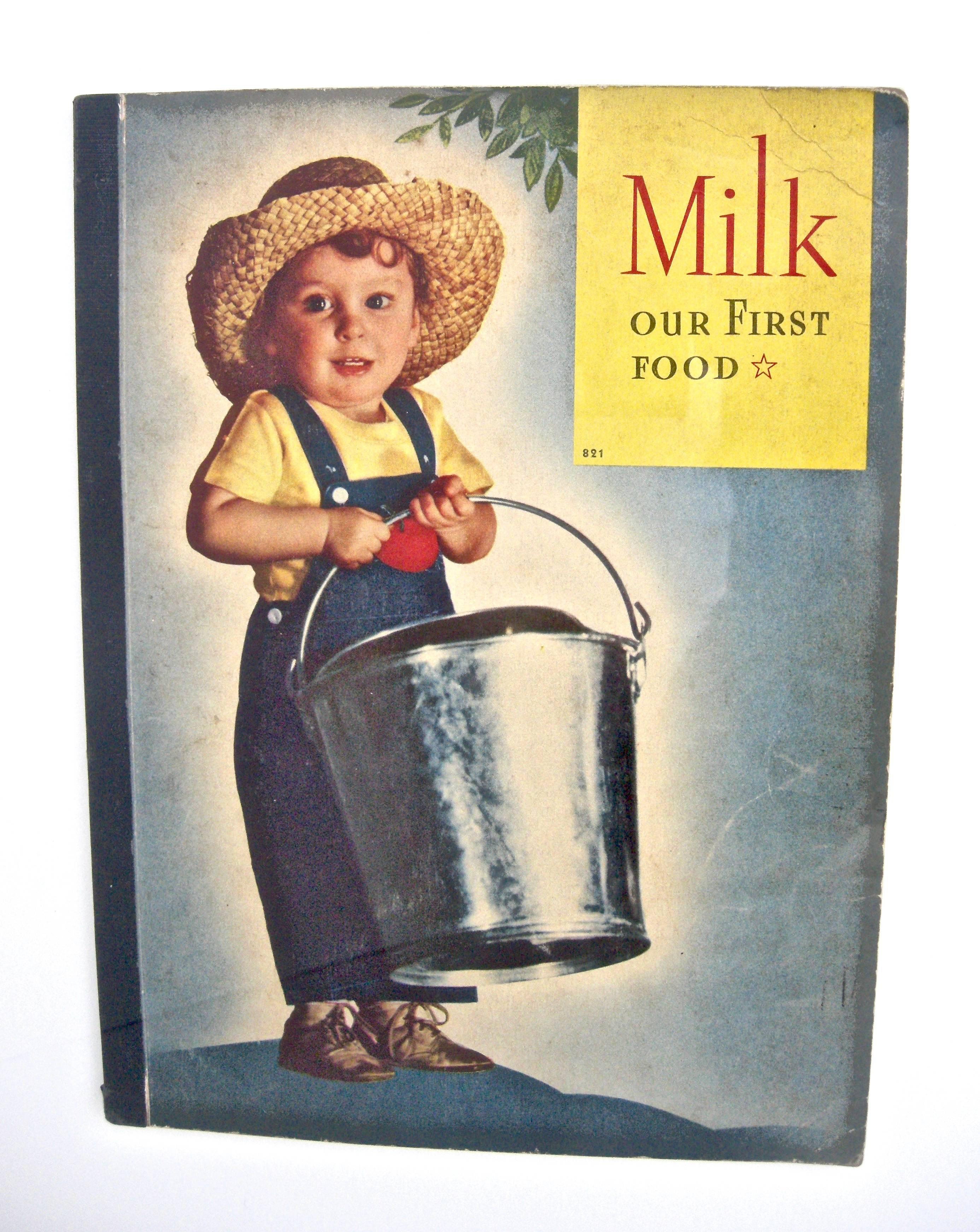 Wonderful, vintage 1940s, child's educational booklet, espousing the benefits of dairy products. Terrific, expressive graphics and vivid color palette. Custom frame. Measurements below of frame. Booklet: H-11.5