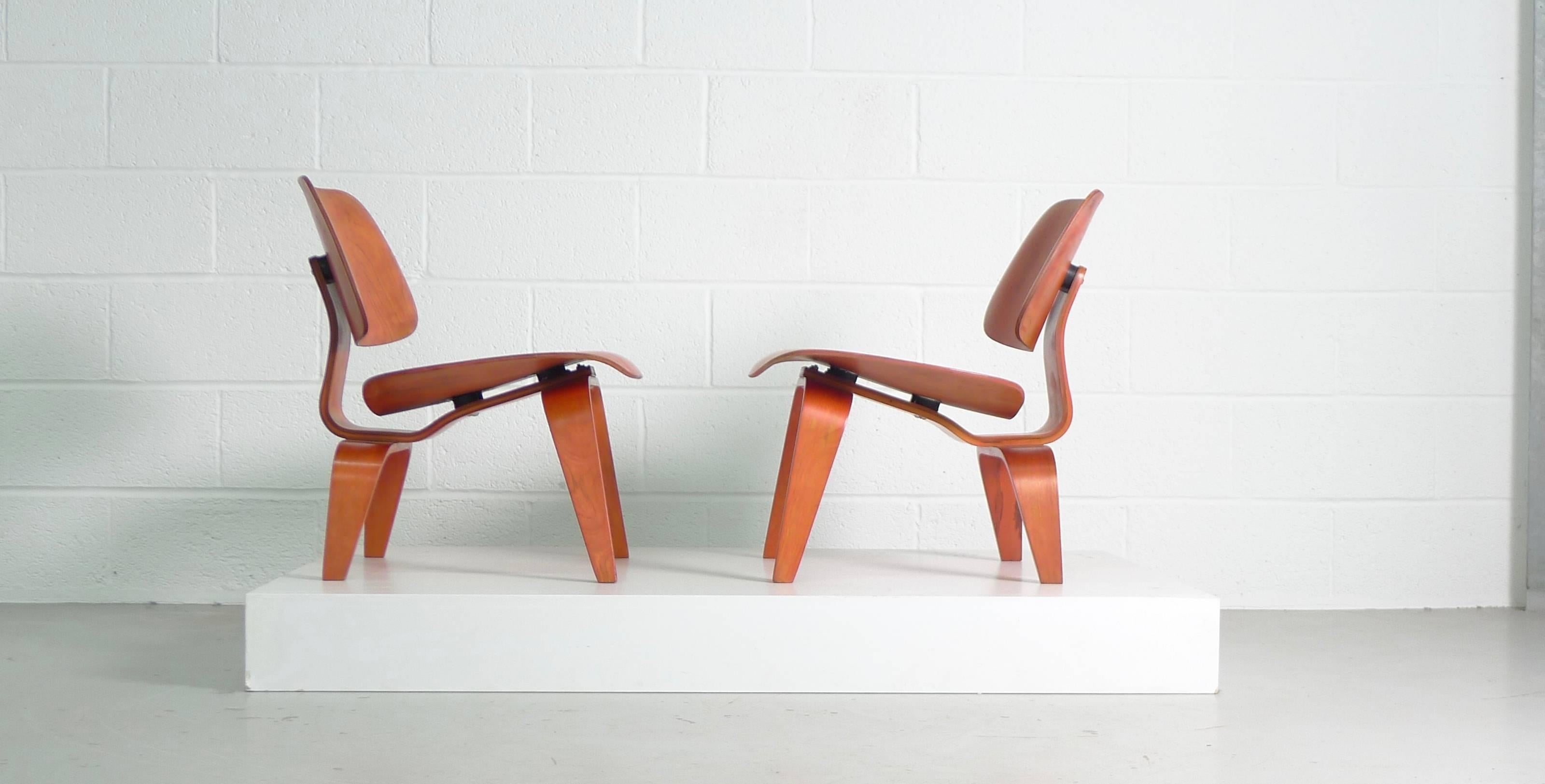 Mid-Century Modern Eames Pair of Red LCW's with Evans Labels