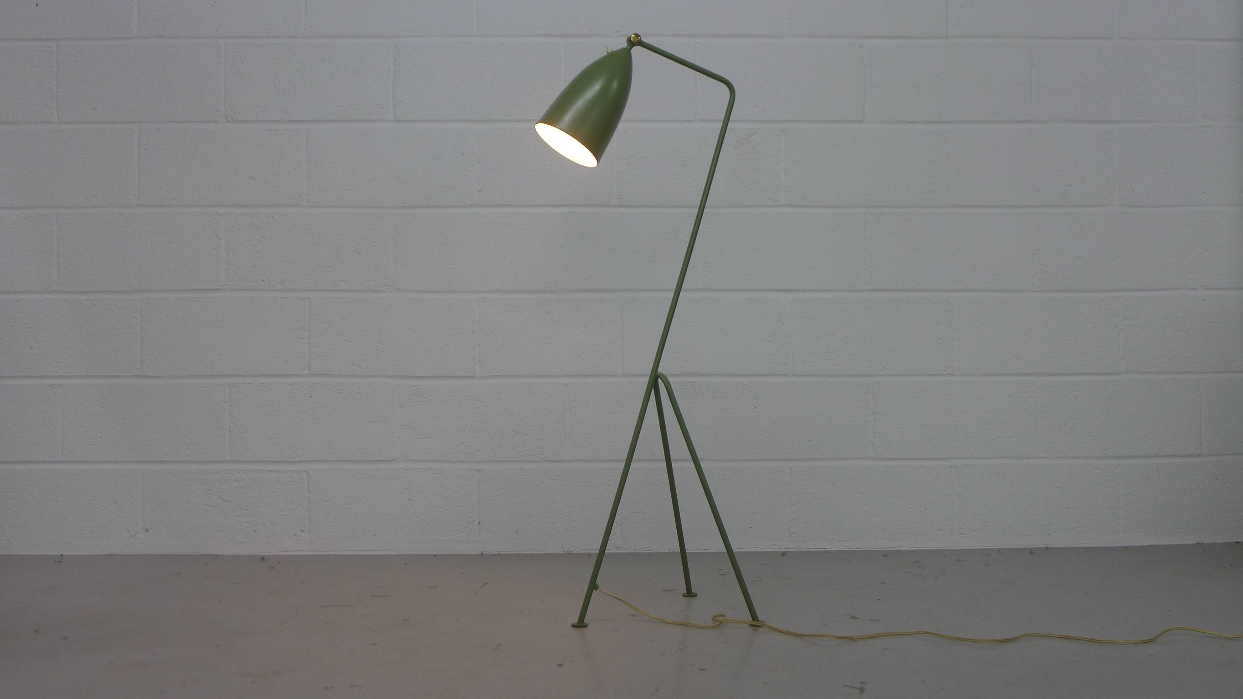 Greta Magnusson Grossman for Bergbom, Sweden, circa 1950. Model G-33 the Grasshopper lamp. This light can be used as a task lamp for reading or adjusted to use as an uplighter.

Stunning all original olive green paint, label fully intact and