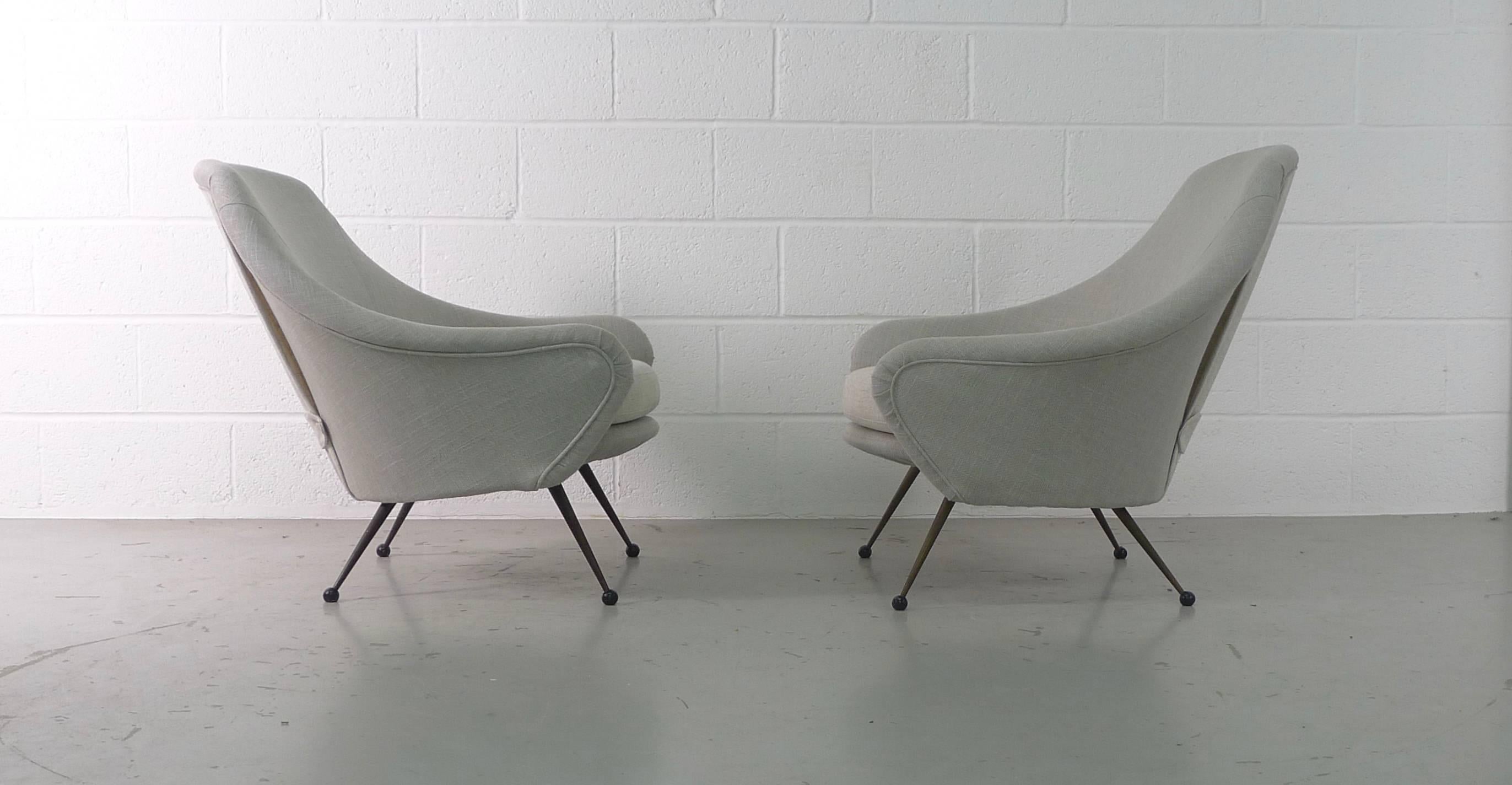Marco Zanuso for Arflex, Italy, 1954. A pair of Martingala armchairs, fully refurbished after being stripped back to the framework , new soft grey linen upholstery with contrasting cream seats and curtain backs.

Priced for the pair.