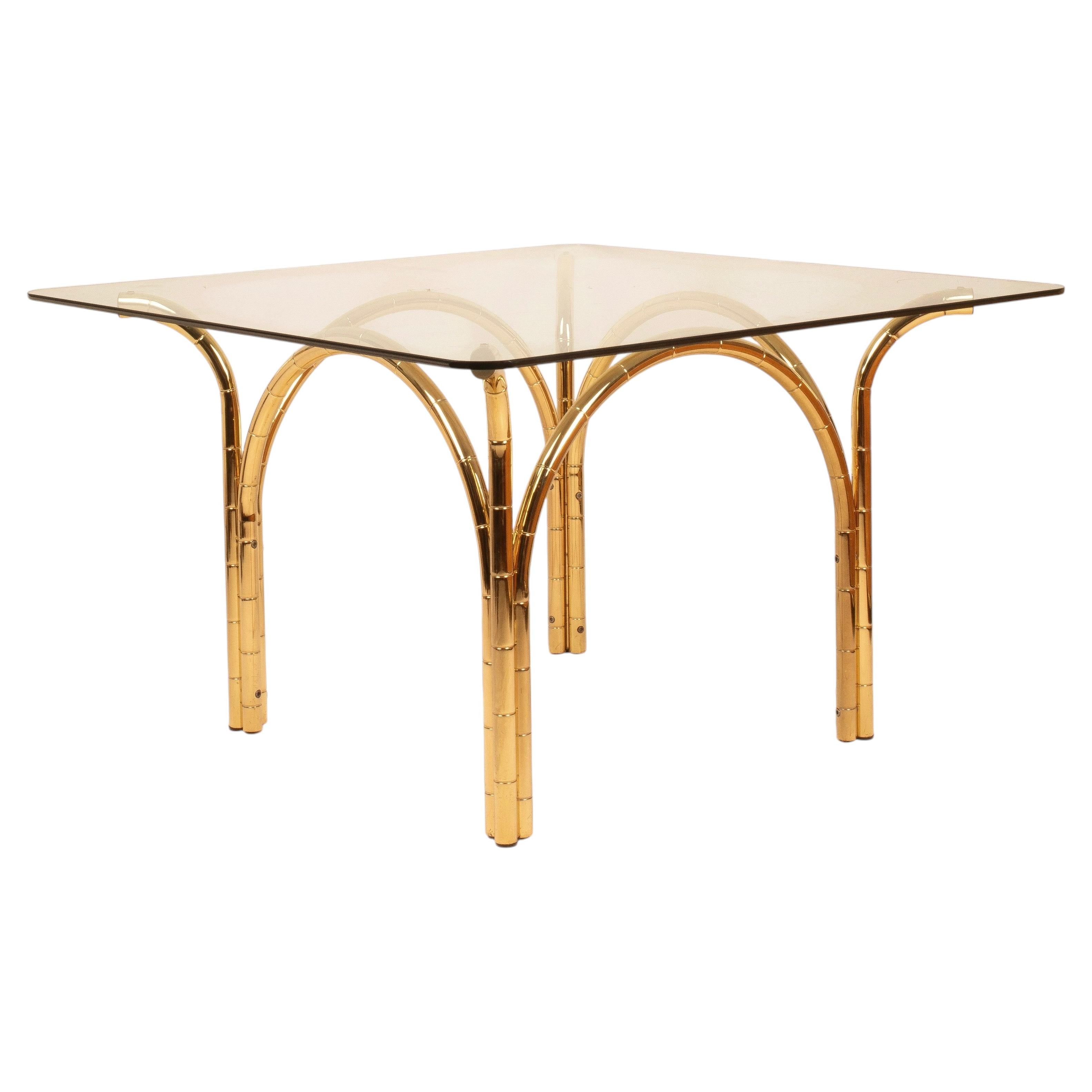 Mediterranean Italian Brass-Plated Steel Dining Table with Bamboo-Effect and Glass Top