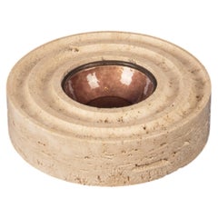 Italian Round Travertine and Copper-Toned Metal Ashtray, 1970