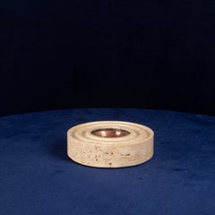 Italian Round Travertine and Copper-Toned Metal Ashtray, 1970