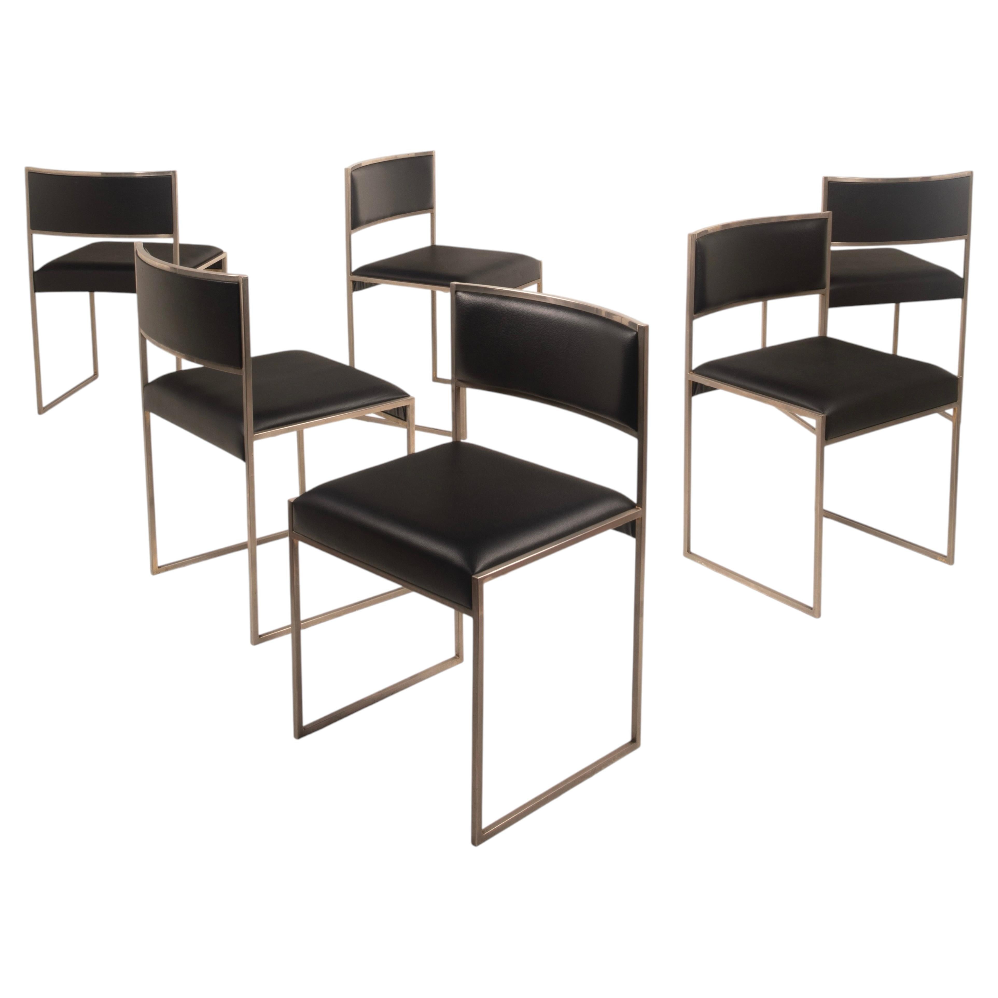 Pre-owned Willy Rizzo Six Italian Sq Brushed Steel And Black Eco-leather Dining Chairs