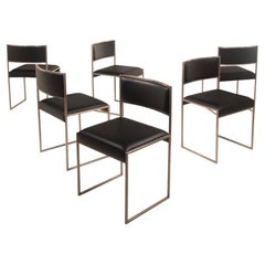 Willy Rizzo Six Italian SQ Brushed Steel and Black Eco-Leather Dining Chairs