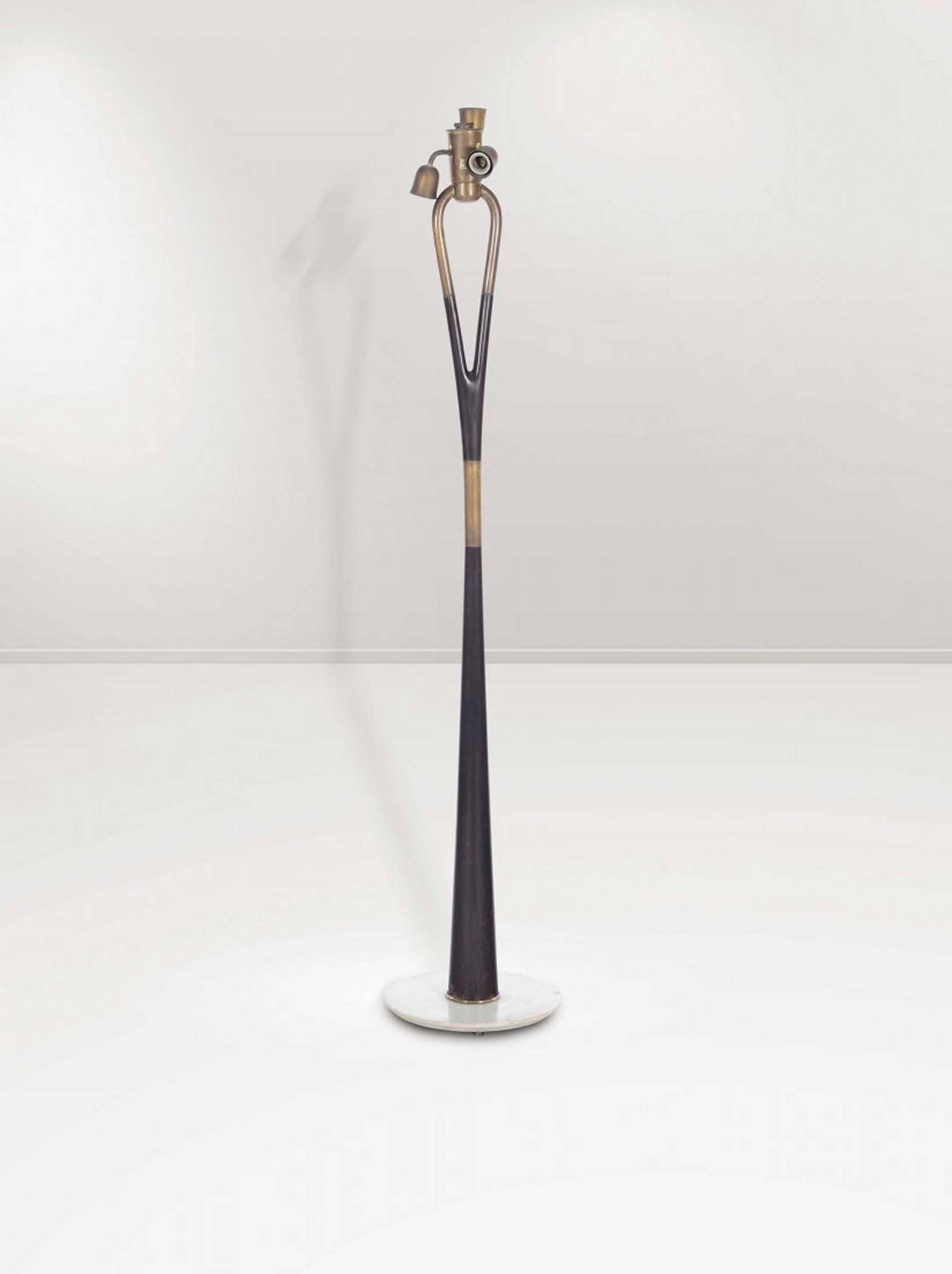Elegant floor lamp with bespoke shade, palisander stem with brass detail and Carrara marble base.