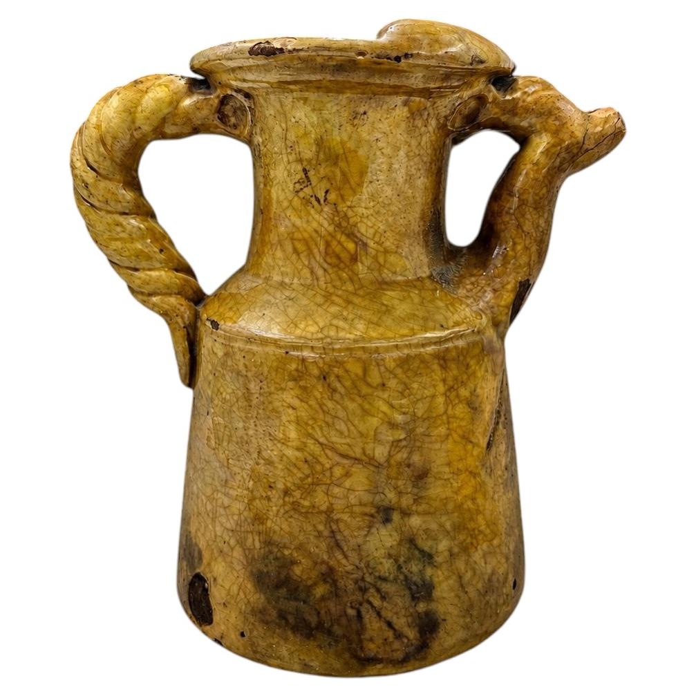 Rare 17th Century French Languedoc Yellow-Glazed Ceramic Boat Jug For Sale