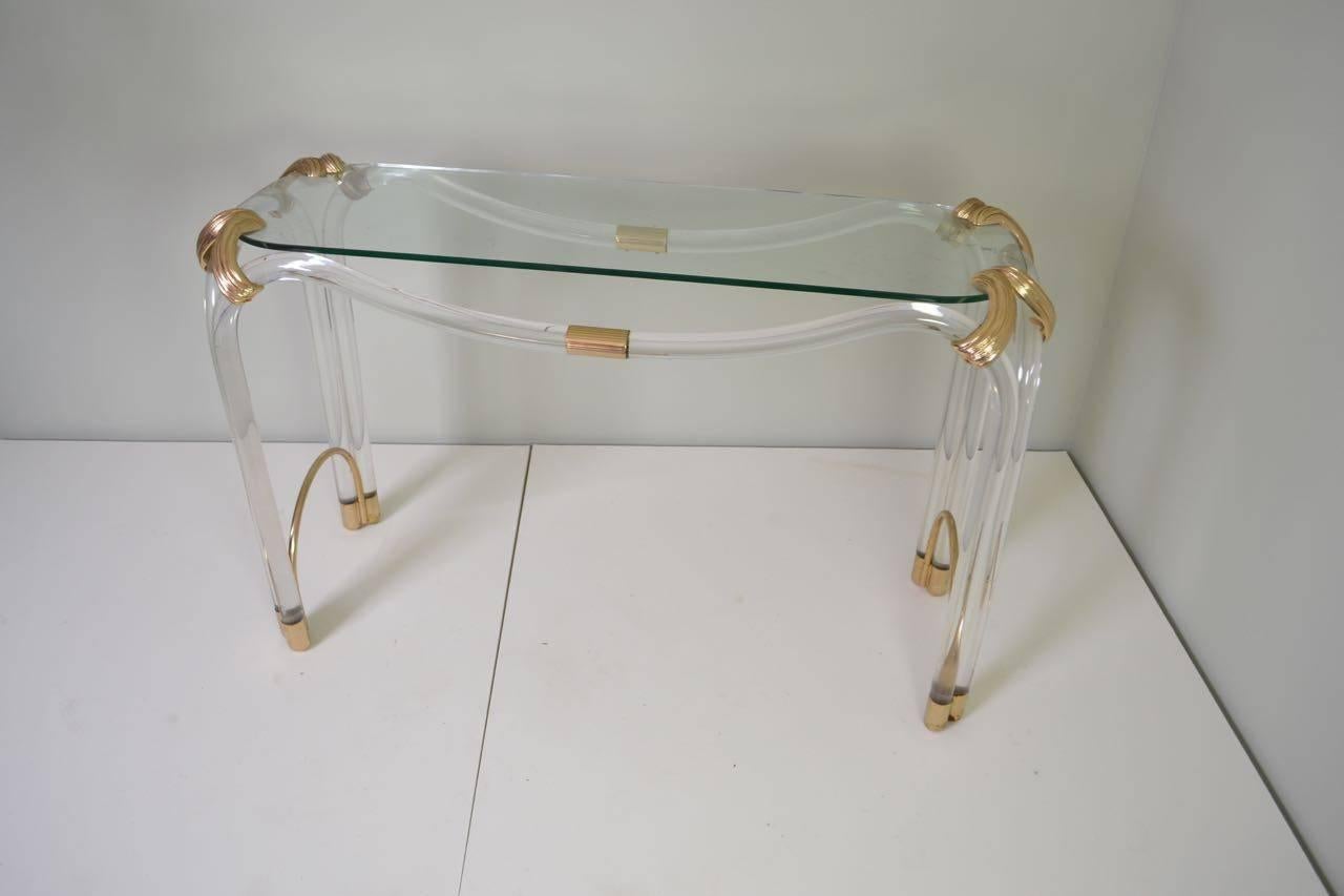 Mid-Century Modern 1970s Perspex and Glass Console with Brass Mounts For Sale