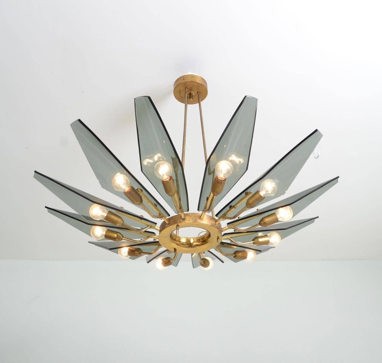 1950s Twelve Branch Chandelier with Brass and Smoked Glass by Cristal Art 2