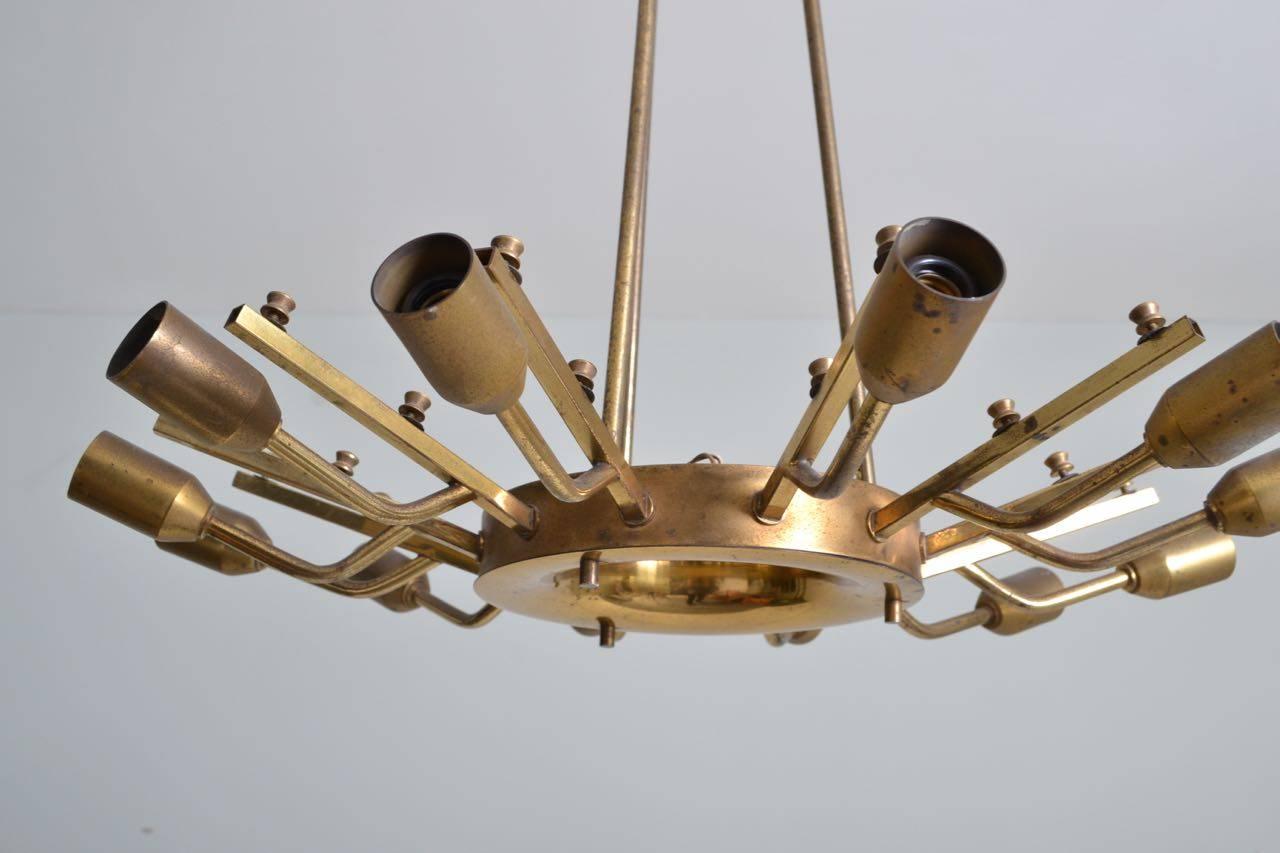 Italian 1950s Twelve Branch Chandelier with Brass and Smoked Glass by Cristal Art