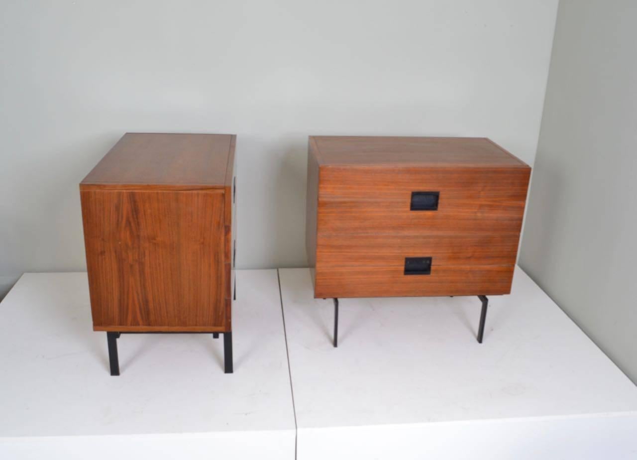 Pair of teak and black painted iron chests from the 'Japanese Series'
designed by Cees Brakeman and manufactured by Pastoe.
This model features curved plywood drawer linings to
prevent dust accumulation.