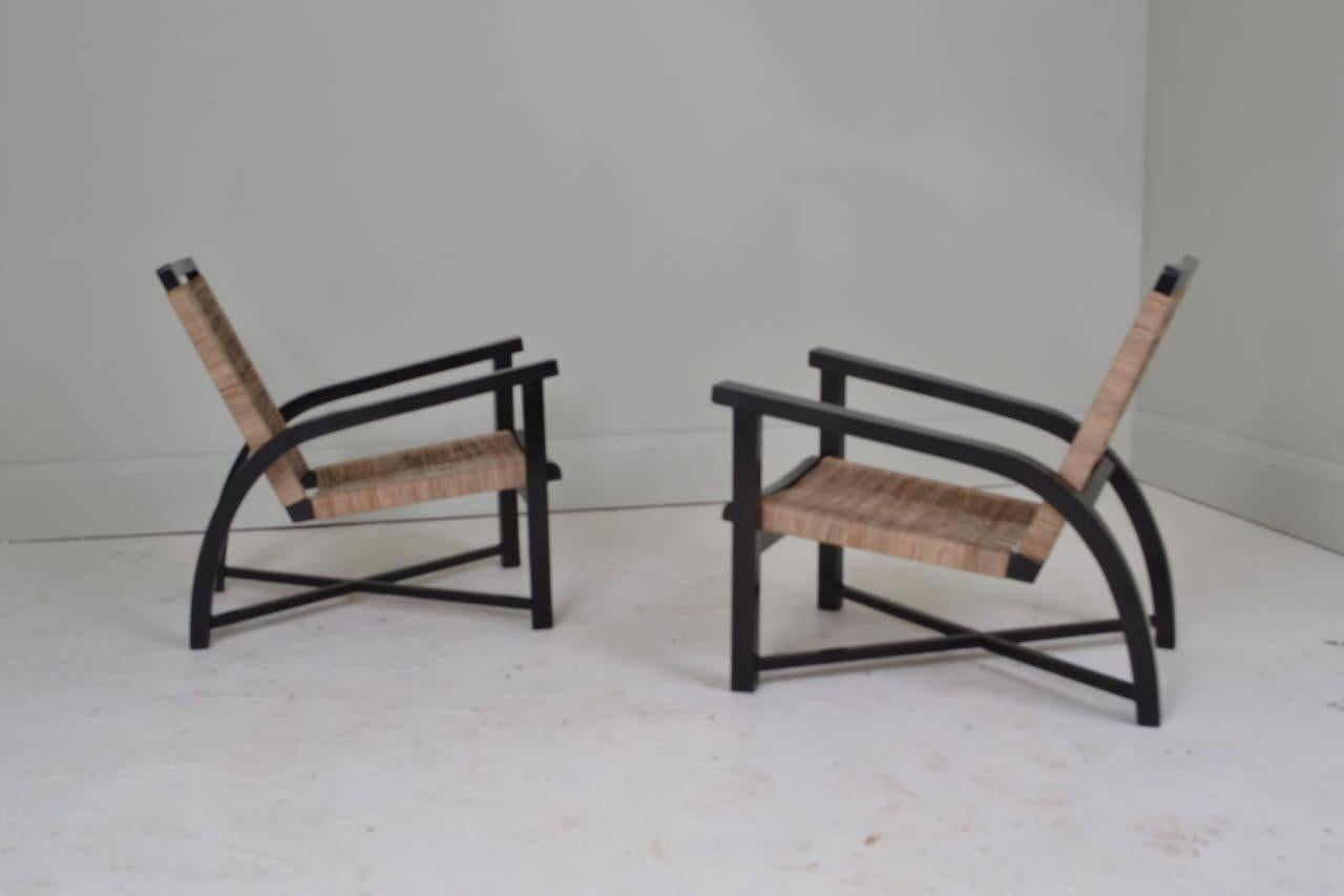 Pair of ebonized bentwood armchairs with jute cord detail.
manufactured in Sweden, circa 1940 - designer unknown.
Very good restored condition.