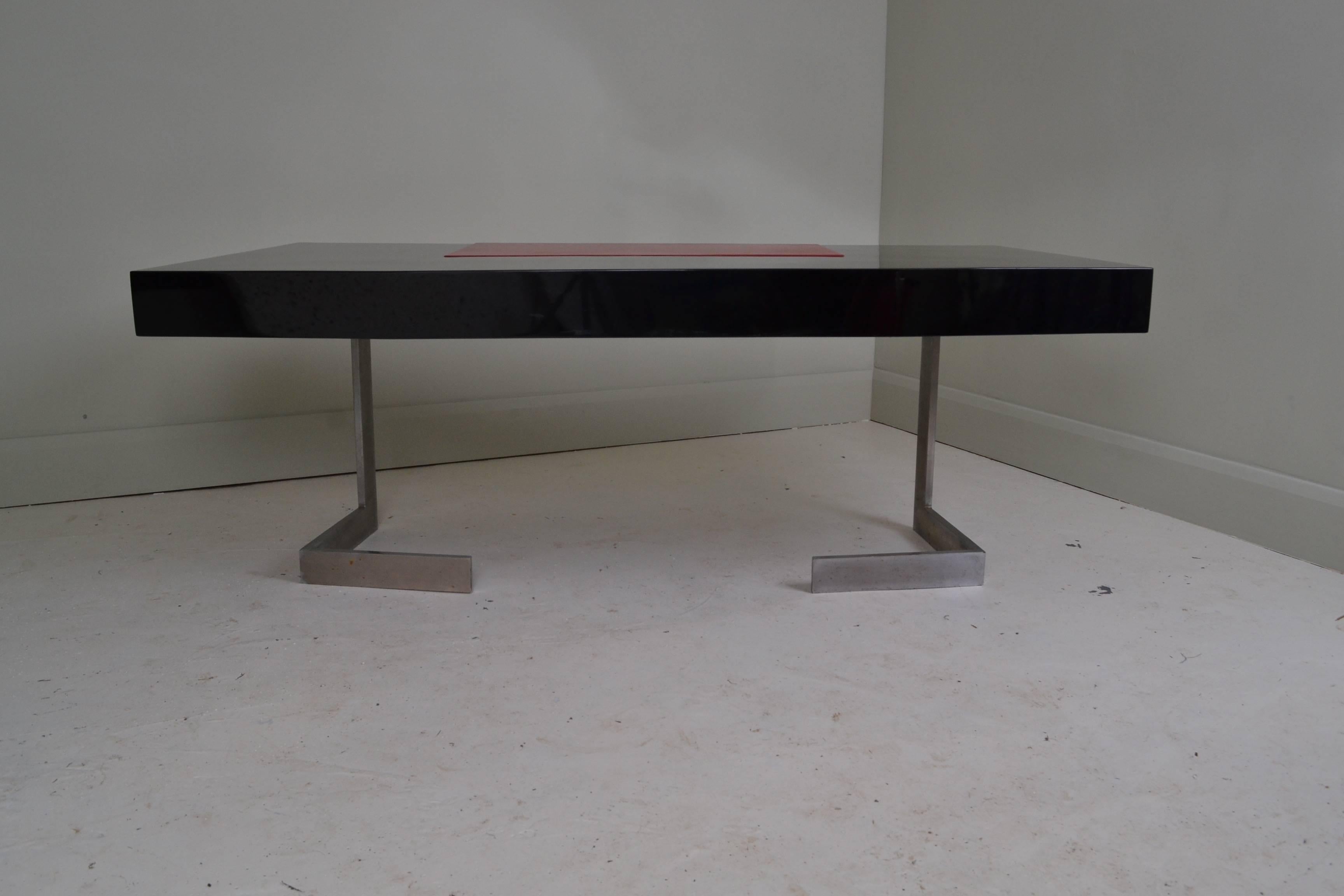 Mid-Century Modern French Lacquer and Leather Desk, circa 1970 For Sale